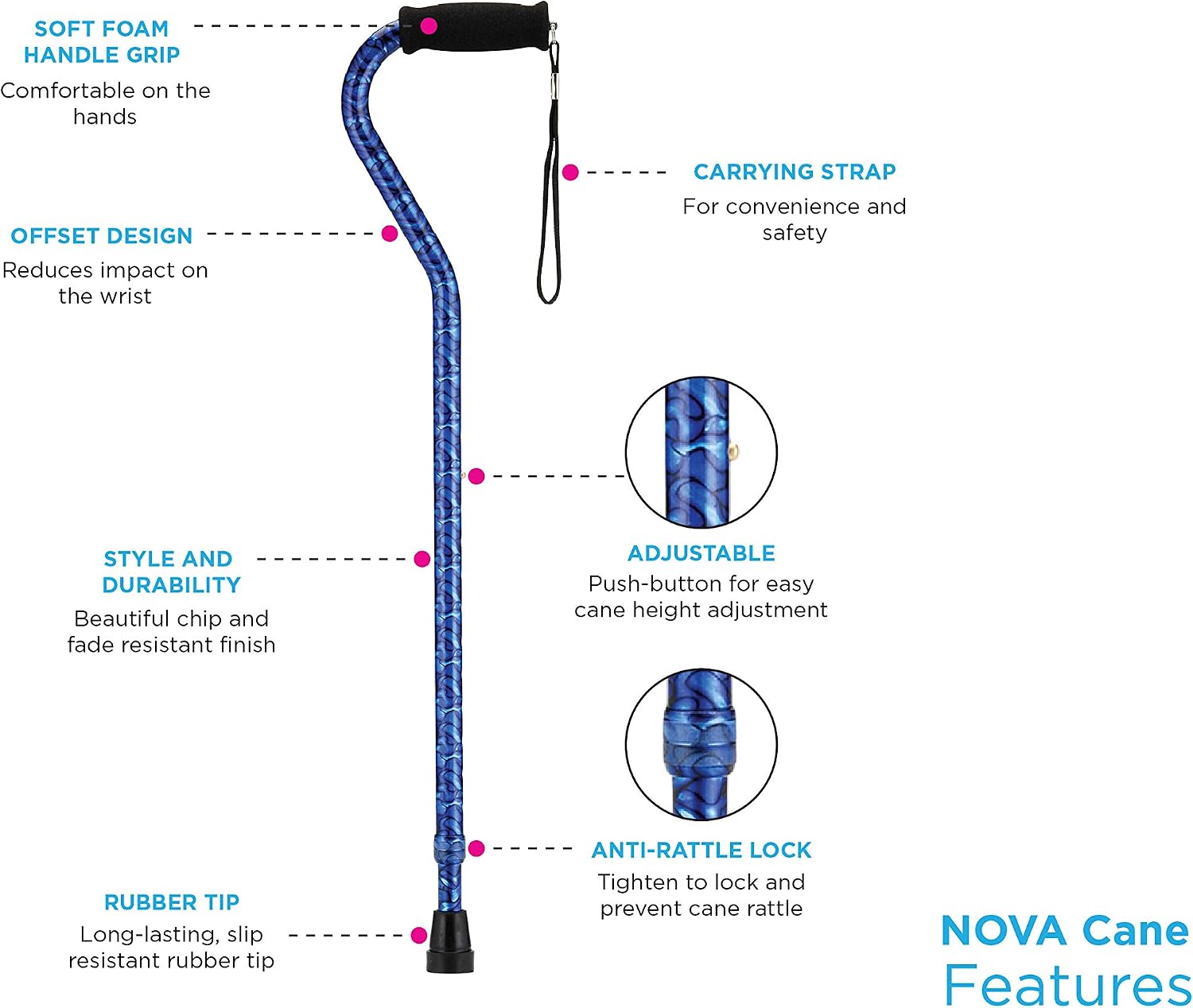 NOVA Designer Walking Cane with Offset Handle, Lightweight Adjustable Walking Stick with Carrying Strap, “Maui Flowers” Design