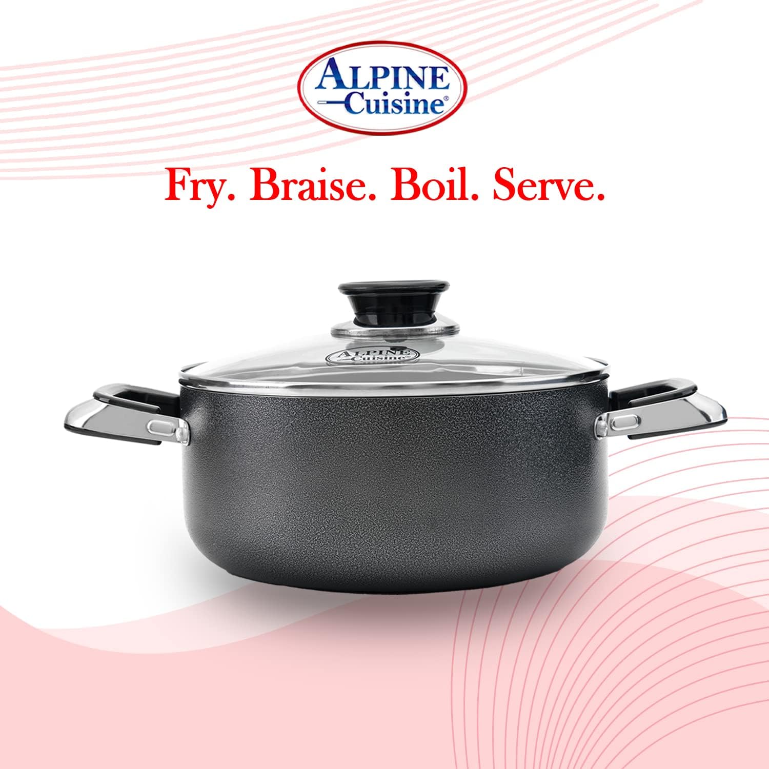Alpine Cuisine 4 Quart Non-stick Stock Pot with Tempered Glass Lid and Carrying Handles, Multi-Purpose Cookware Aluminum Dutch Oven for Braising, Boiling, Stewing
