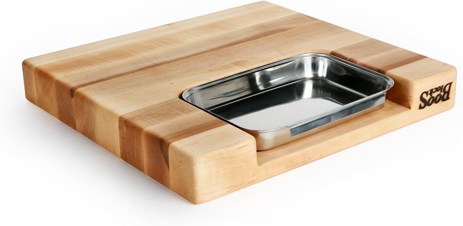 John Boos Newton Prep Master Series Rectangular Wooden Maple Cutting Board 15”x14” – 2.25” Thick, 14-lb Reversible Butcher Block with Catch Pan, Sloped Juice Groove & Edge-Grain – Made in the USA