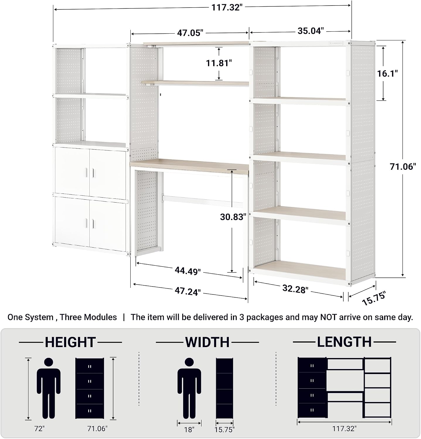 FLEXIMOUNTS 117"W Modular Garage Storage Cabinet with Workbench, Black | 6 Doors, 3700lbs capacity, Metal board shelf includes pegboard, 3-in-1 metal tool cabinet, 24-gauge steel, FLEXIMOD Series
