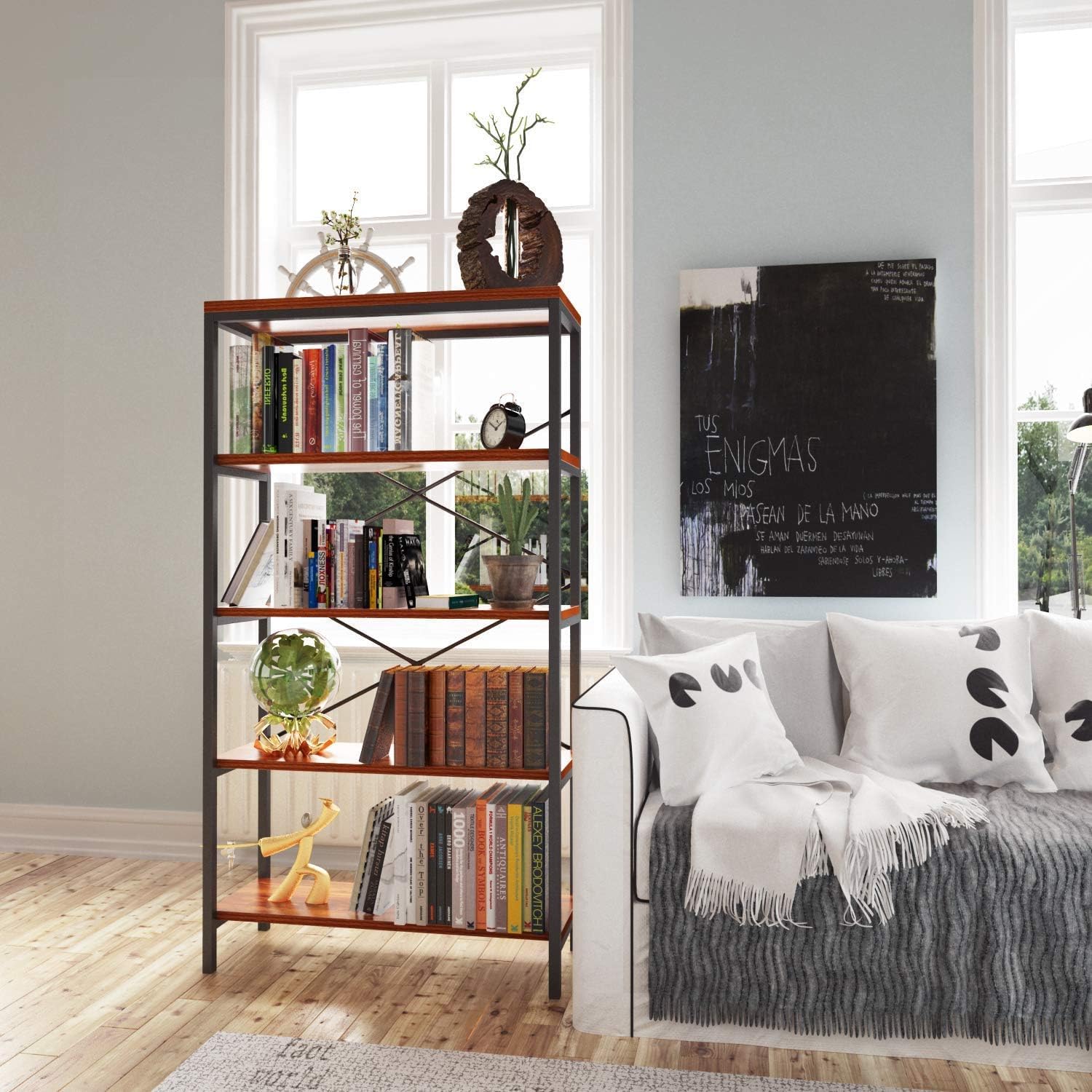 BATHWA Wood and Metal Minimalist 5 Tier Bookshelf, 6 feet Tall Open Rustic Wide Bookcase Industrial Style