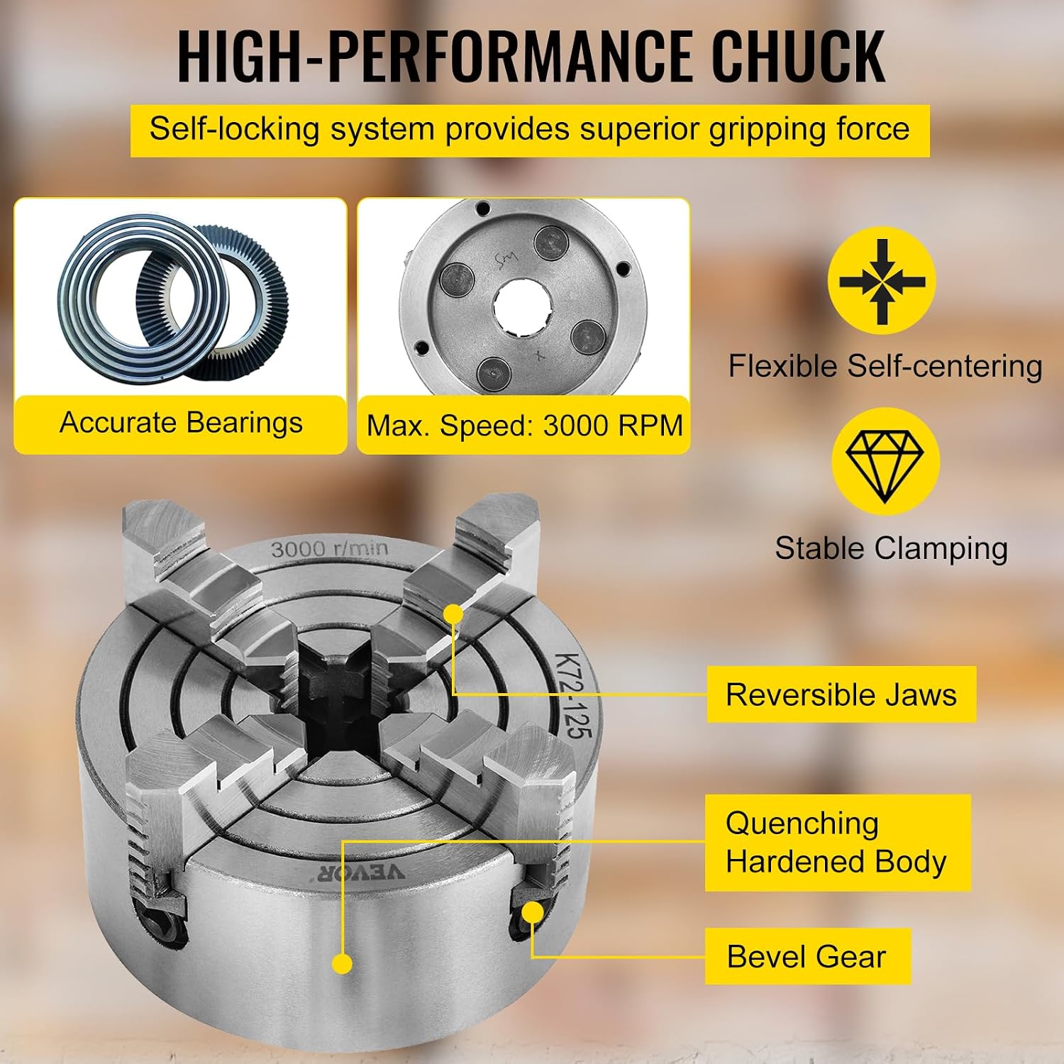 Vevor K72-125 Lathe Chuck 5 Inch 4-Jaw, Lathe Chuck Independent Reversible Jaw, Metal Lathe Chuck Turning Machine Accessories