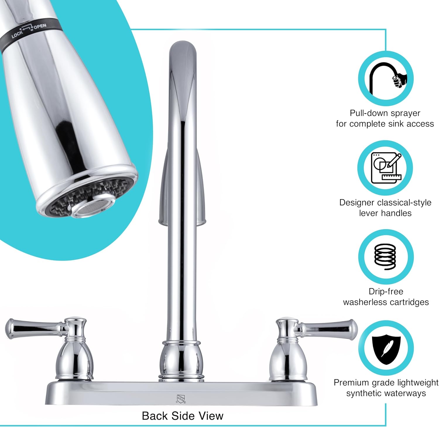 Dura Faucet DF-PK350L-SN RV Pull-Down Kitchen Sink Faucet (Satin Nickel) | Stream-to-spray sprayer with a corrosion-resistant non-metallic build. Brushed Satin Nickel. Plated ABS plastic (not metal).