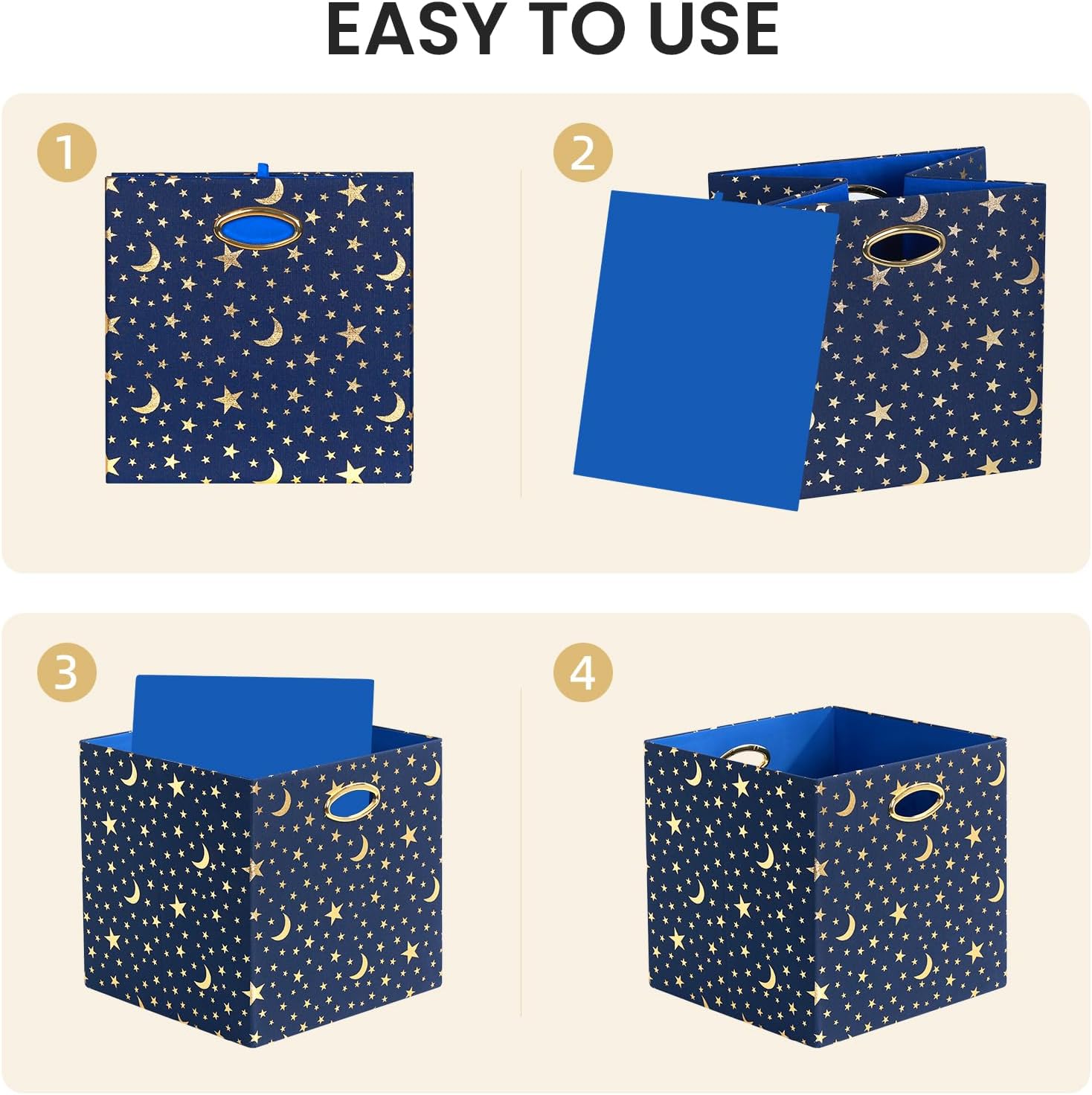 Posprica Storage Bins, Storage Cubes,13×13 Fabric Drawers Organizer Basket Boxes Containers (13×13×13/4pcs, Cream/gold geometry Pattern)