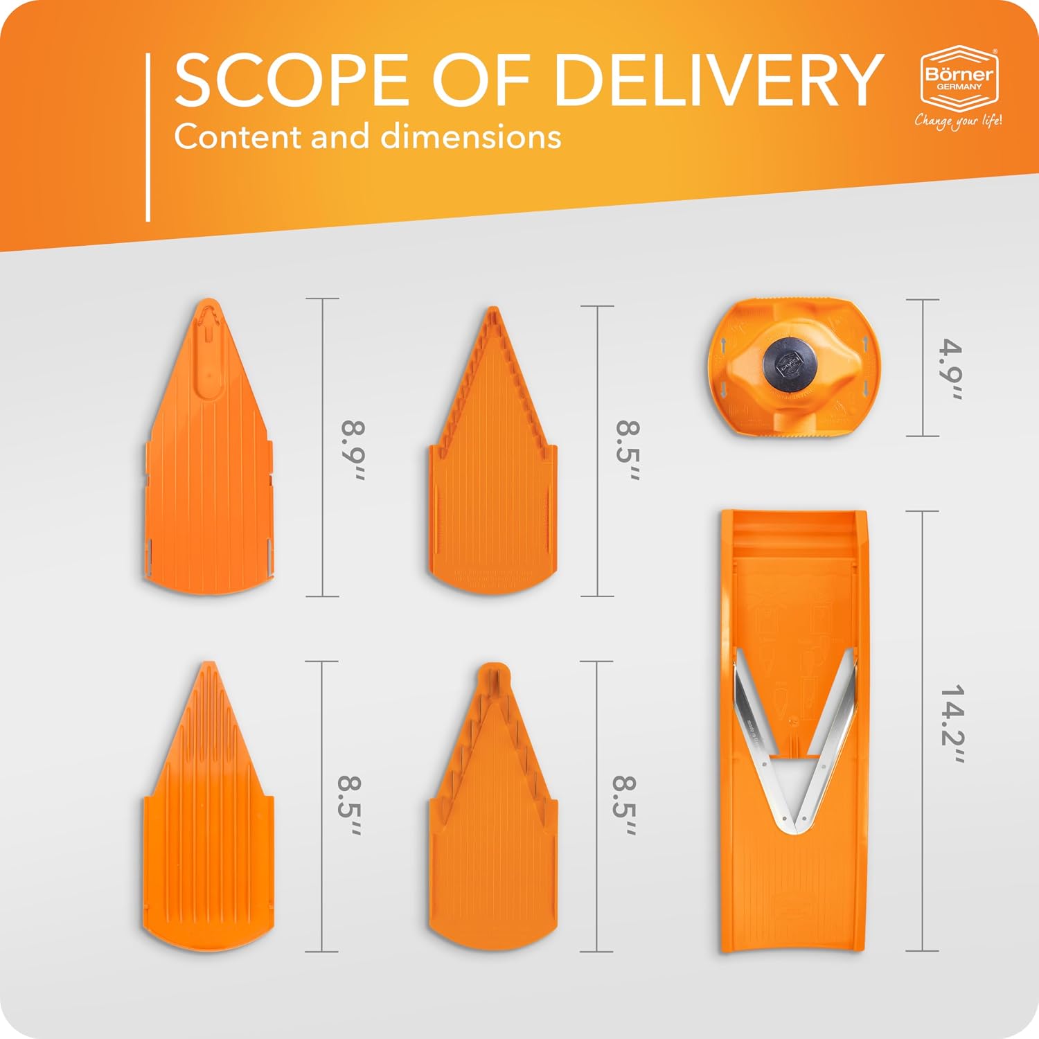 BORNER V Mandoline Slicer Kitchen V1 ClassicLine Starter Set | Vegetable Grater Börner - Quality Made in Germany, Color:Orange