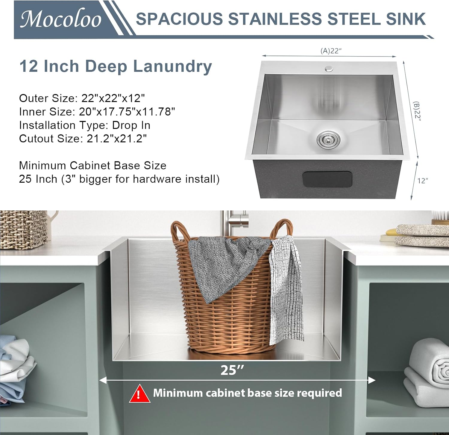 Mocoloo 13 Inch Drop in Bar Sink - 13" x 15" Small Kitchen Sink T304 Stainless Steel Handmade Single Bowl Round Corner Topmount Wet Bar Sink for