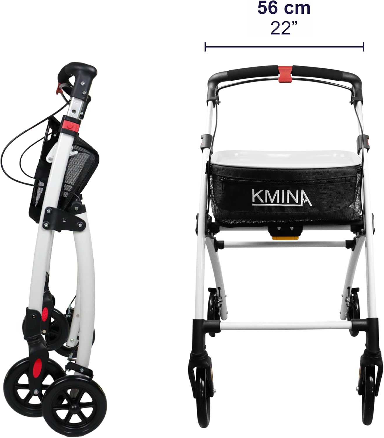 KMINA Narrow Walker for Small Spaces, Foldable Walker with Tray and Basket, 4 Wheels and Brakes, Lightweight Indoor Rollator for Seniors, Black, PRO Model