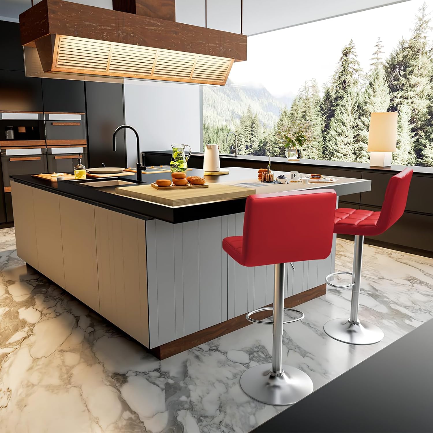 Homall Bar Stools Modern PU Leather Adjustable Swivel Barstools, Armless Hydraulic Kitchen Counter Bar Stool Extra Height Square Island Barstool with Back Set of 2 (Leather, White)