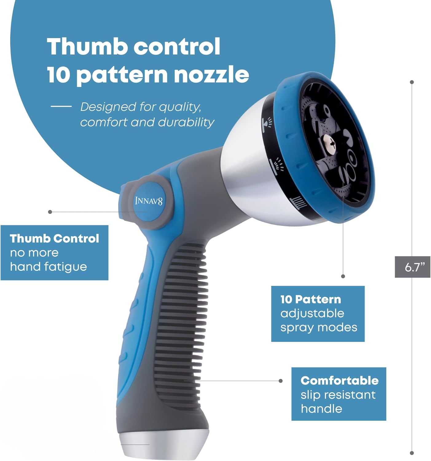 INNAV8 Garden Hose Nozzle Heavy Duty, Water Hose Sprayer Nozzle for Outdoor | THUMB CONTROL On Off Valve for Easy Water Control