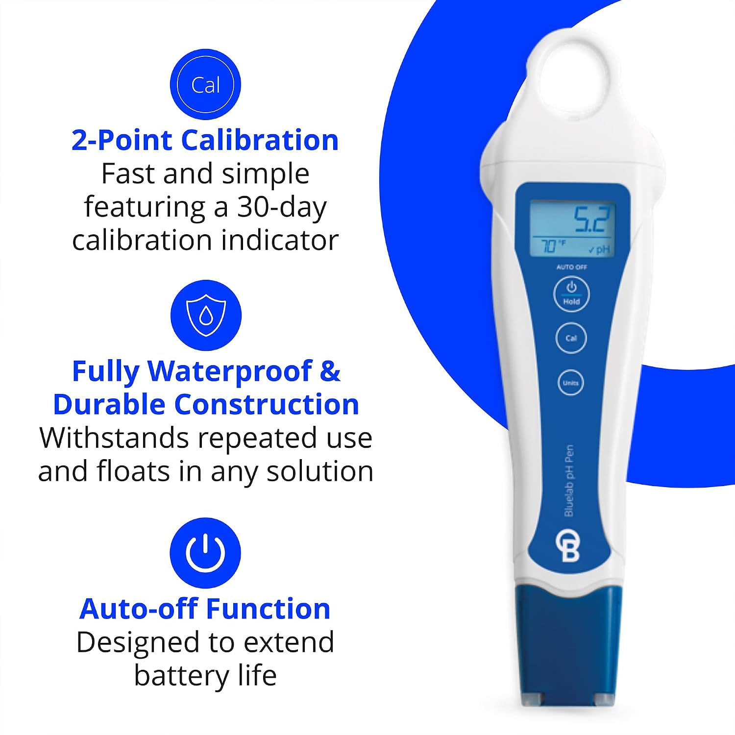 Bluelab pH Pen - ± 0.1 pH Accurate - Durable Double Junction Probe | Waterproof and Floats - Auto Temperature Compensation - Made in NZ