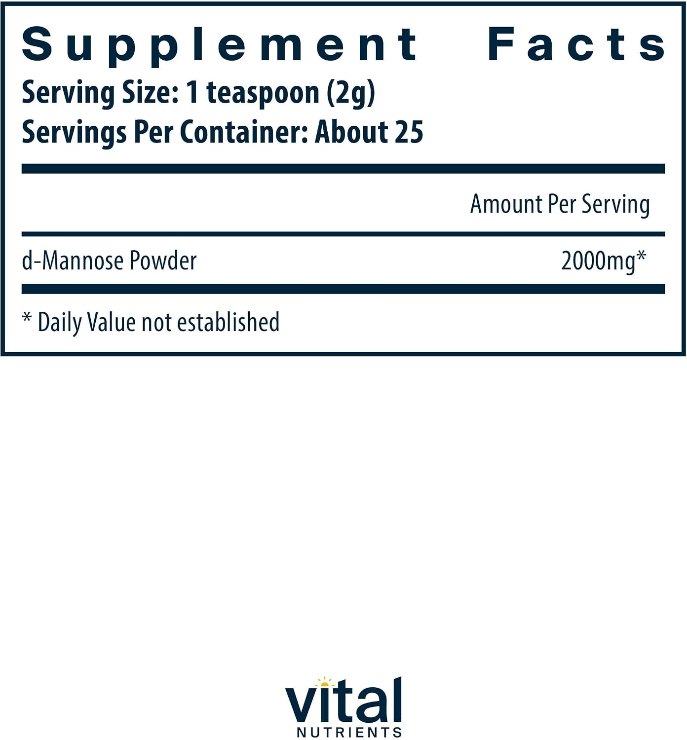 Vital Nutrients Mannose Powder 50g - Vegan D-Mannose Supplement for Urinary Tract and Bladder Support - Gluten, Dairy, Soy Free - Non-GMO - 25 Servings
