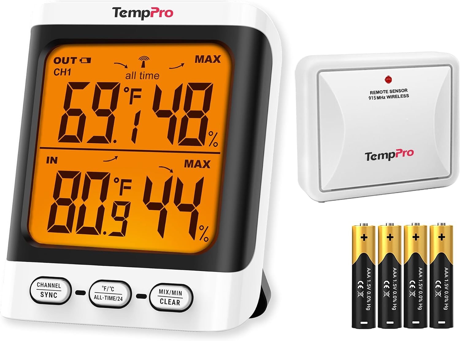 TempPro TempAir 500 FT Indoor Outdoor Thermometer Wireless with Sensor | 3.3" LCD Backlit Display, Front Button