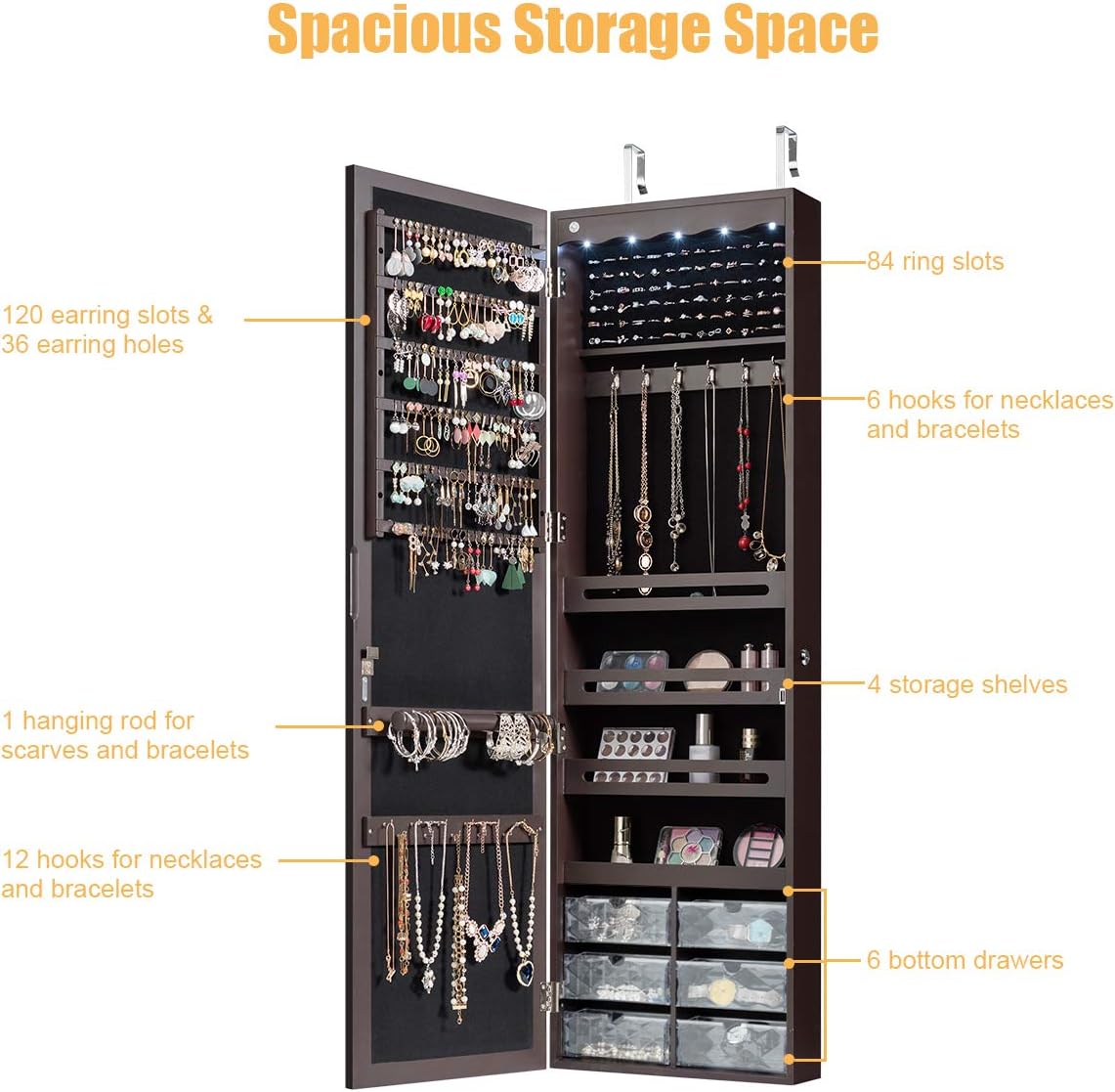CHARMAID Jewelry Cabinet Armoire, Wall Mount Door Hanging, Lockable Jewelry Organizer with 47.5'' Full Length Mirror, 5 Lights