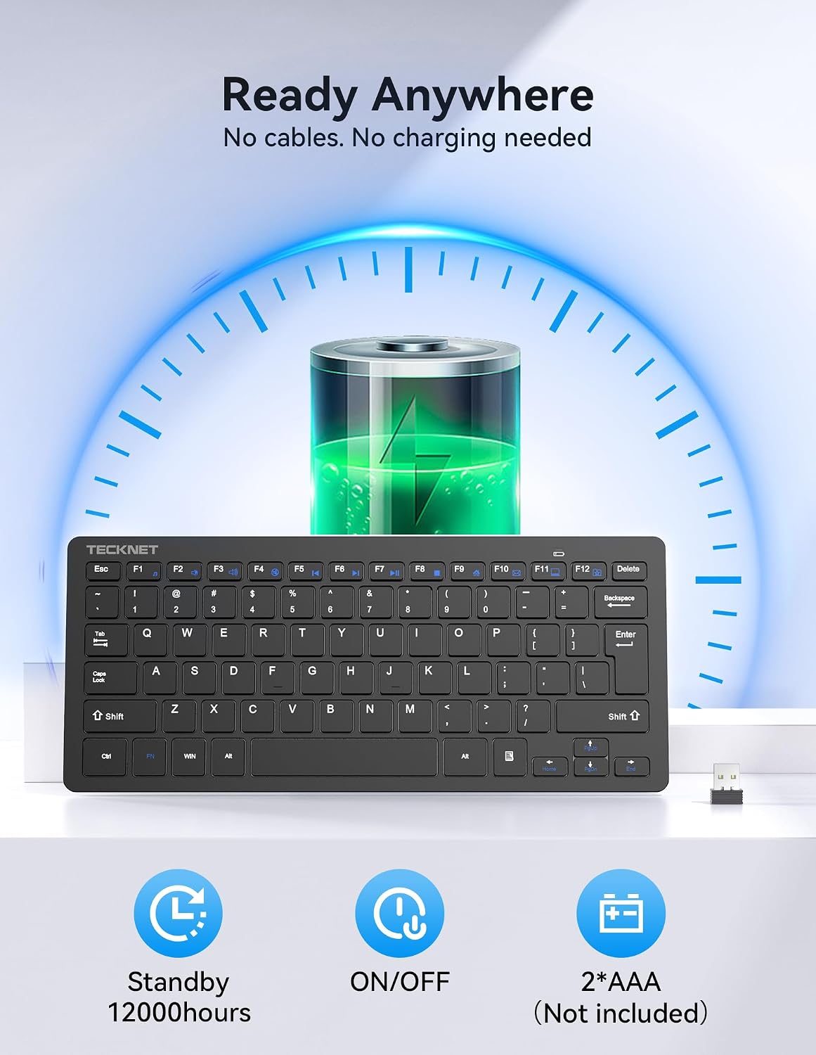 TECKNET 2.4G Wireless Keyboard - Mini Compact Keyboard with Media Hotkeys, 12-Month Battery Life, Compatible with PC, Desktop, Laptop, Smart TV - Black