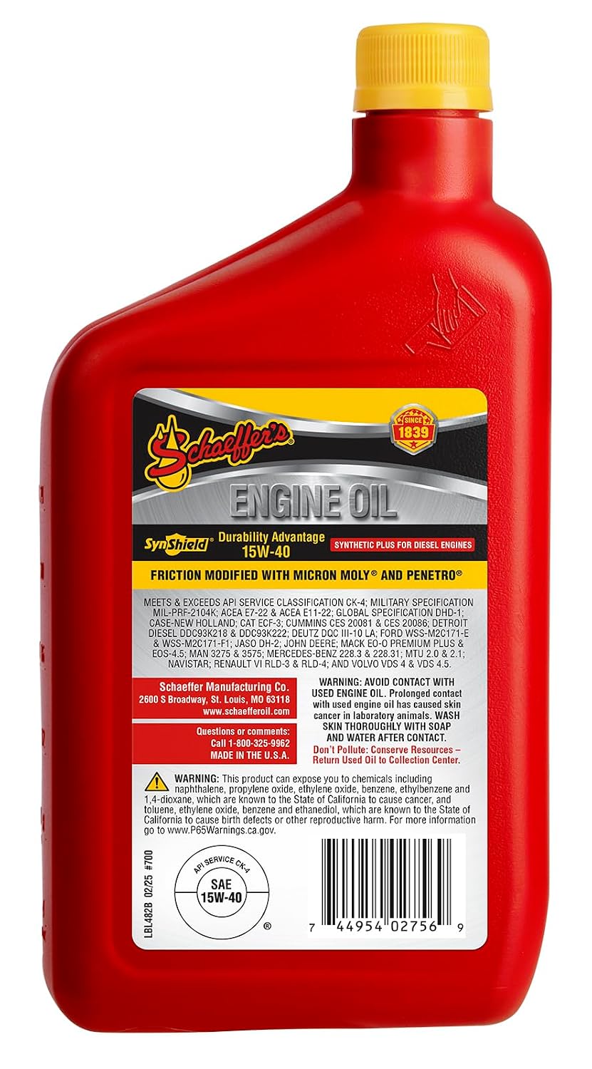 Schaeffer Manufacturing Co. 0700CK4-012S SynShield Durability Advantage 15W-40 Diesel Engine Oil, 1-Quart Bottle