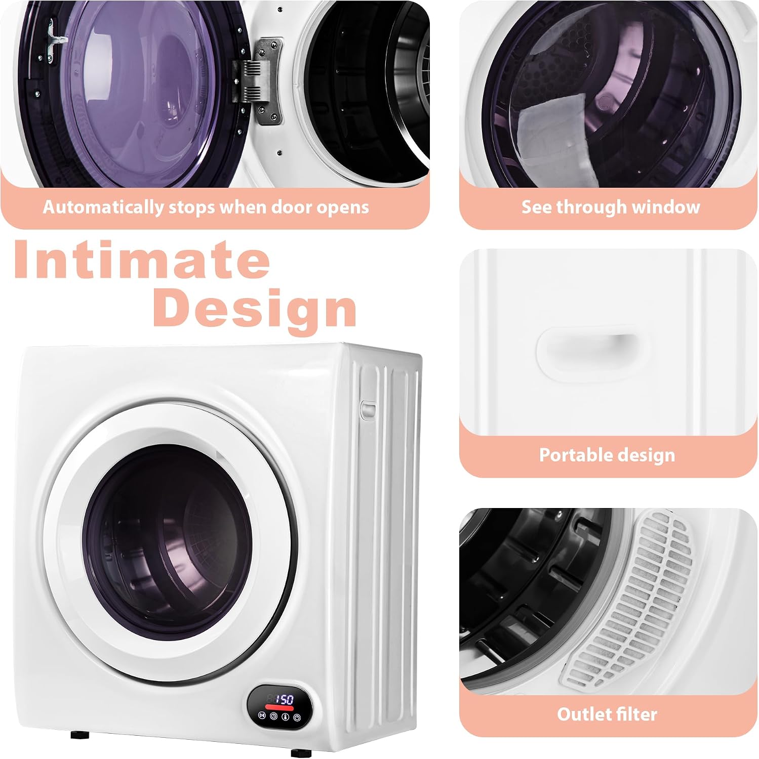 Euhomy Compact Laundry Dryer, 3.5 cu ft Front Load Stainless Steel Clothes Dryers With Exhaust Pipe, 1500W