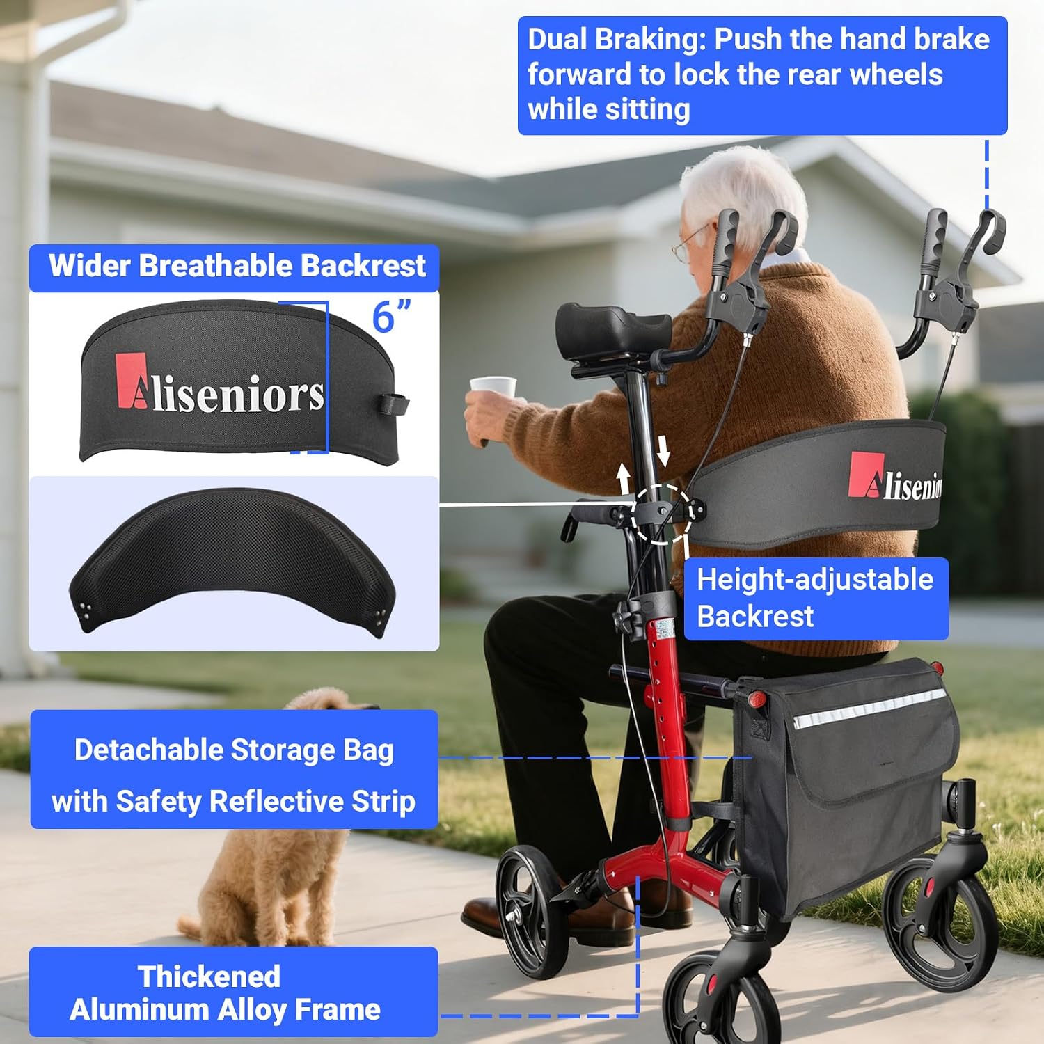 Aliseniors Upright Walker for Seniors - Big Stand Up Walker with Wide Seat, Foldable 4 Wheel All-Terrain Rolling Walker, Adjustable Armrests, 300lbs, Improves Posture & Reduces Back Strain | 20.6" Wide Seat, Foldable Rollator, 8" All-Terrain Wheels, Adju…
