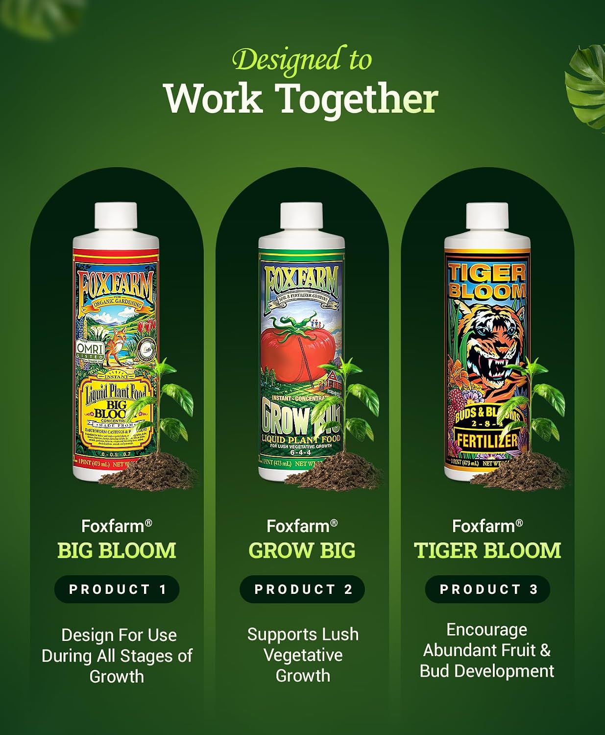 FoxFarm Soil Liquid Trio Pack - Big Bloom, Grow Big, Tiger Bloom Fertilizers Supports Vigorous Plant Growth, Bud Development & Abundant Fruit - Complete Liquid Plant Food Set - 3 Pint Bottles
