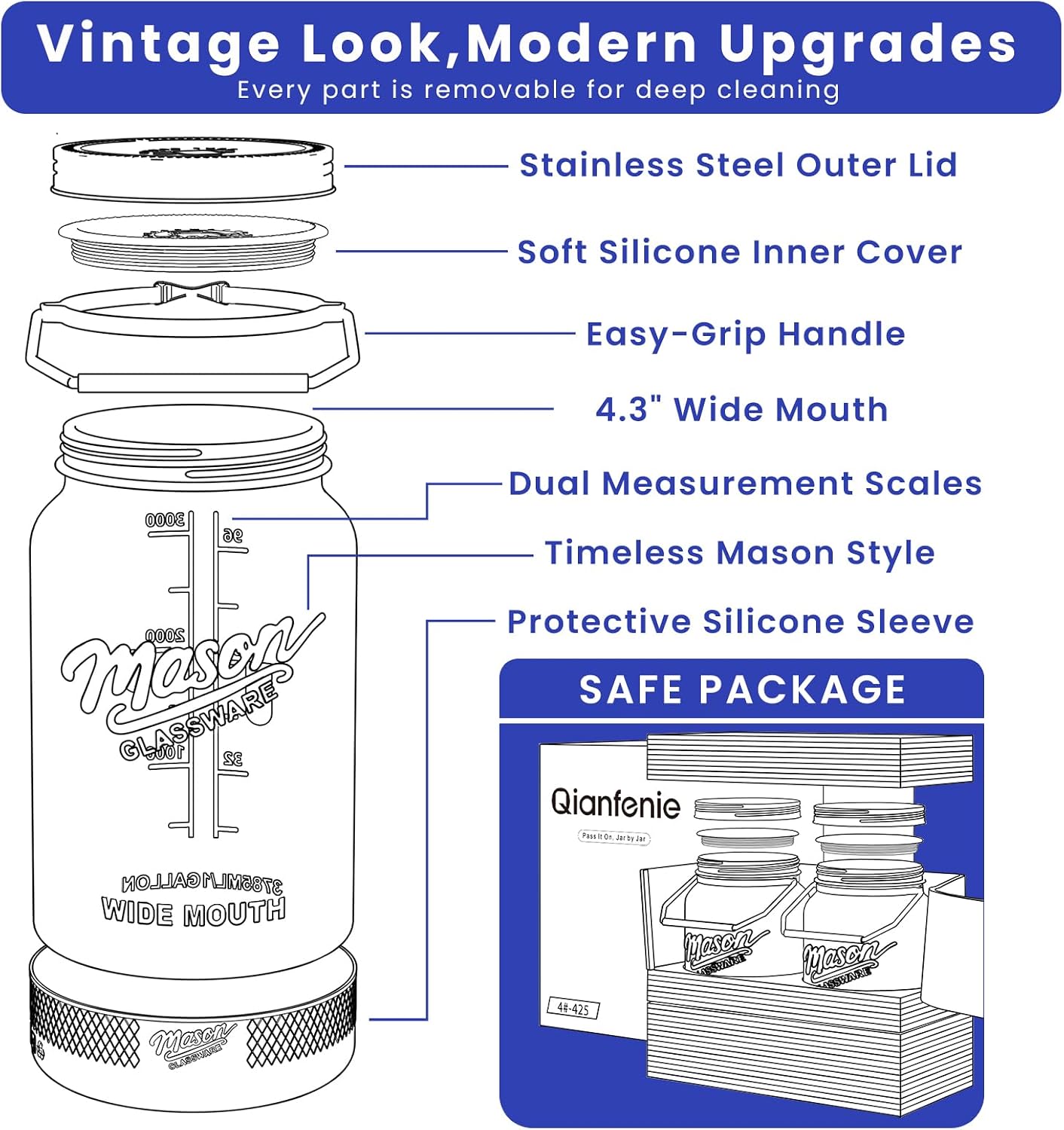 1 Gallon Glass Jars with Lids, 2 Pack Wide Mouth Mason Jars, 138 oz