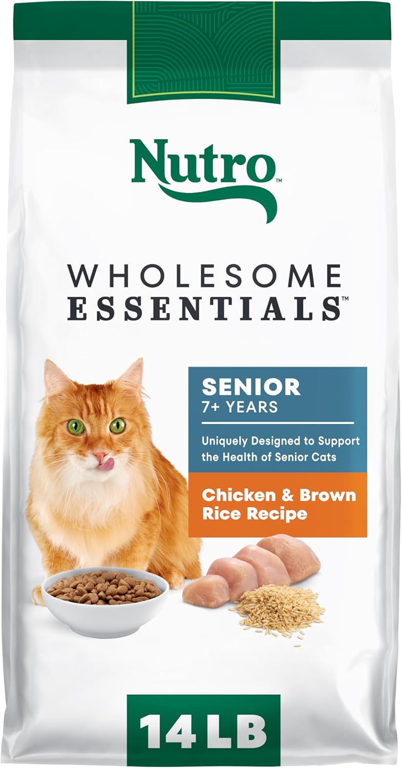 Nutro Wholesome Essentials Senior Dry Cat Food, Chicken & Rice, 14 lb | Real chicken #1 ingredient, essential antioxidants (Vitamin E & Selenium), Omega-6 for skin & coat, hairball control