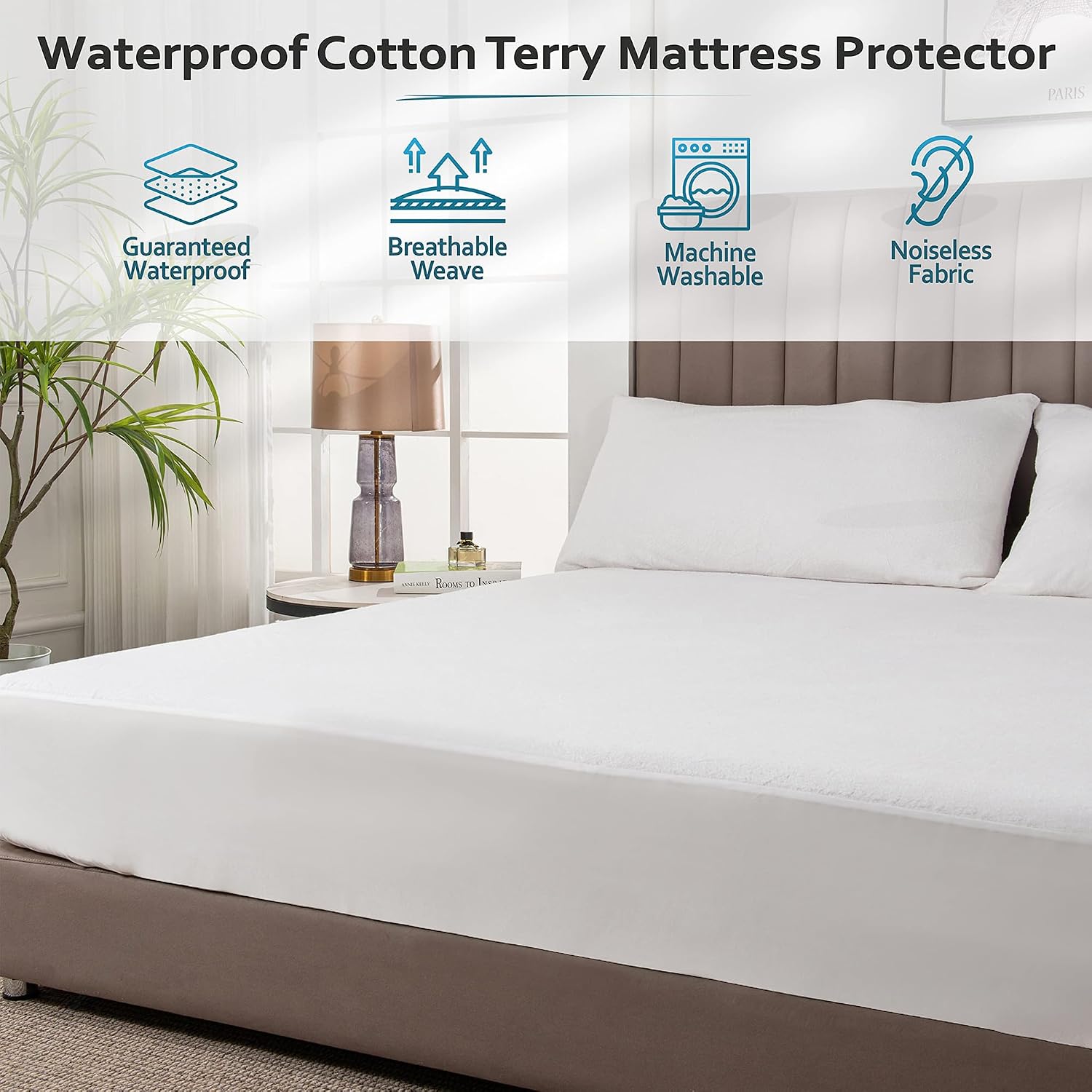 PlushDeluxe Waterproof King Mattress Protector, Terry Cotton | Fitted Sheet Bed Cover, Deep Stretchable Pockets, 76"x80"x18", Noiseless, Breathable, Hypoallergenic, Mite Proof, Washable