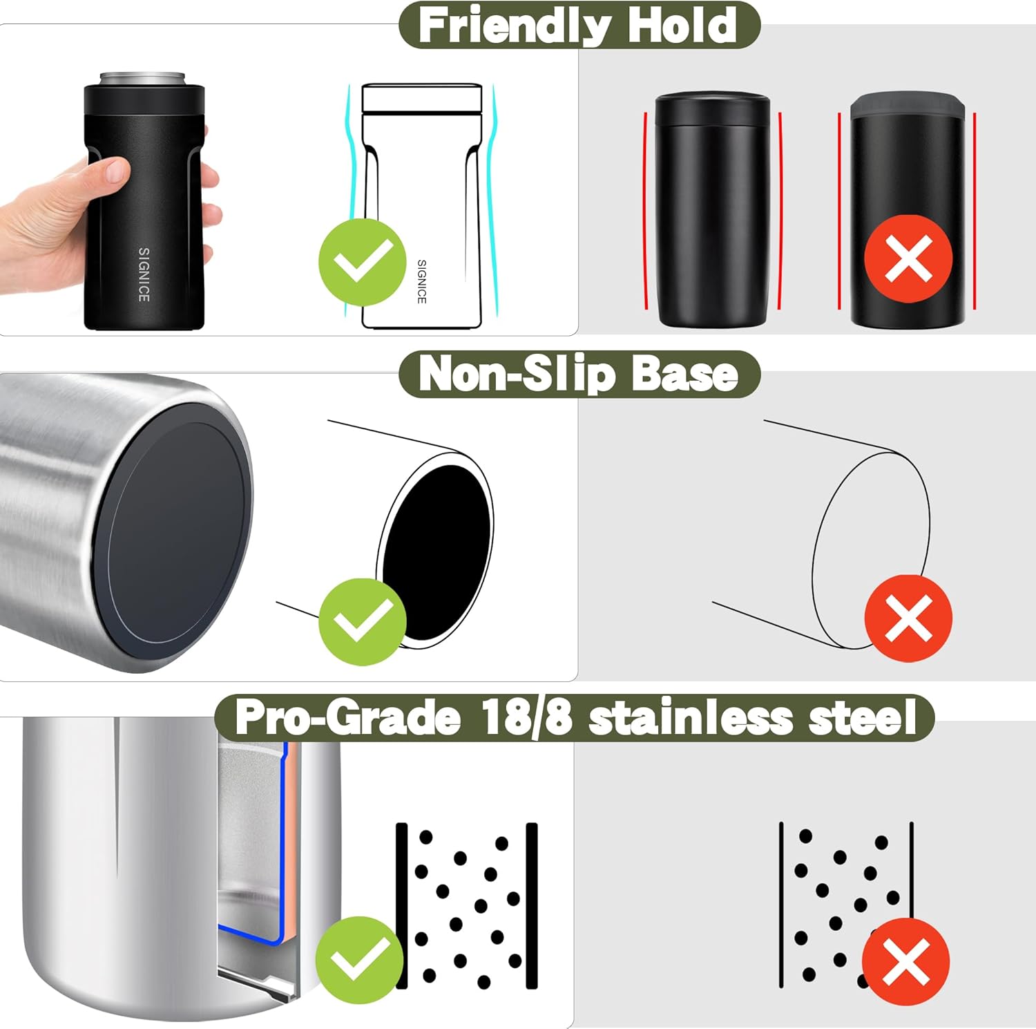3 In 1 Insulated Universal Can Cooler - Signice Double Walled Vacuum Insulator Stainless Steel Slim Can Cooler for 12 Oz Skinny Tall Standard