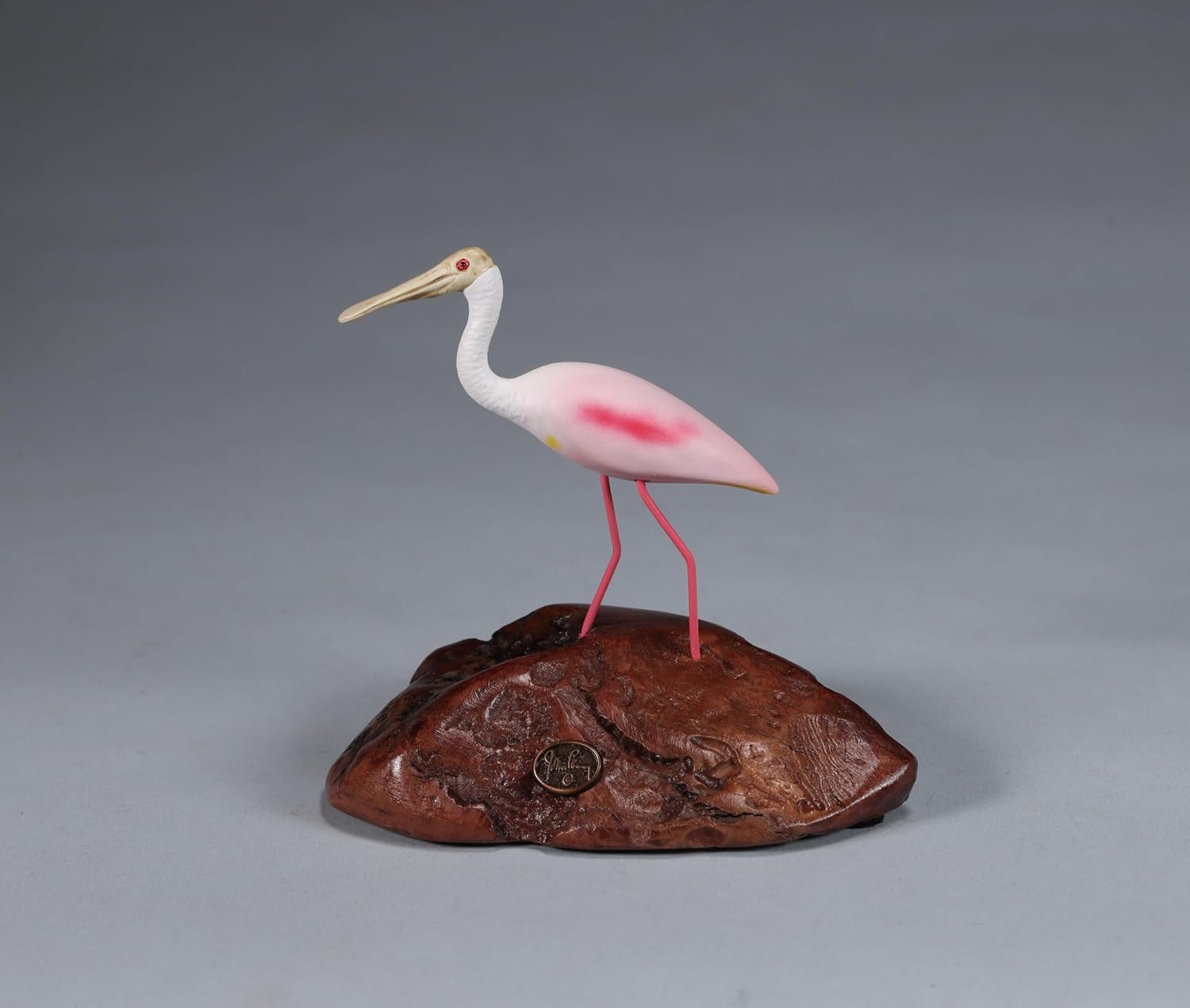 Spoonbill by John Perry 8in Long Sculpture on Polished burlwood Base. Signed.