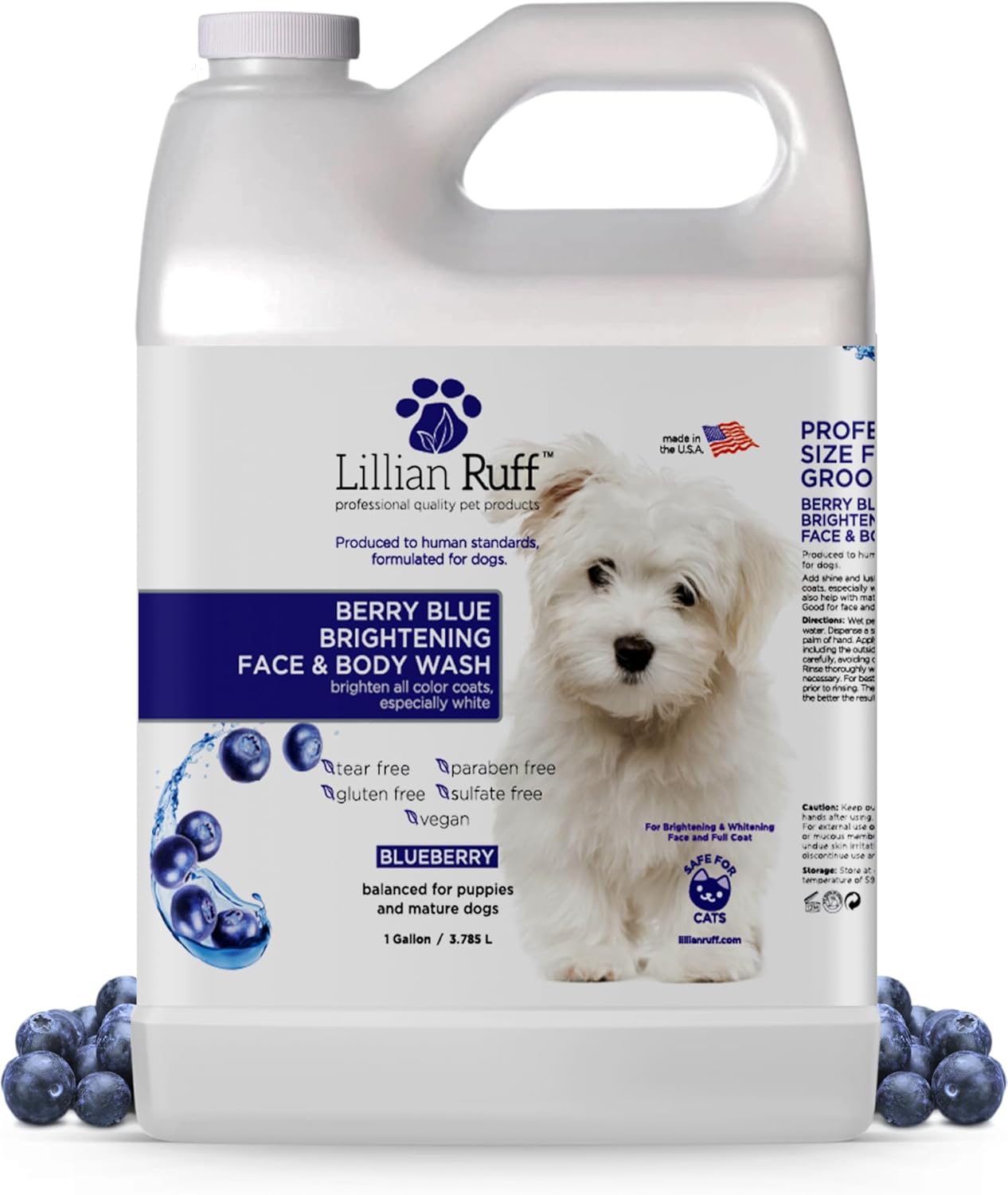 Lillian Ruff PRO Formula Berry Blue Brightening Pet Shampoo - Ultra-Hydrating Professional Whitening Dog Shampoo, Vivid Show-Quality Coat Enhancer, Tear Stain & Odor Eliminator With ProVitamin B5 16oz