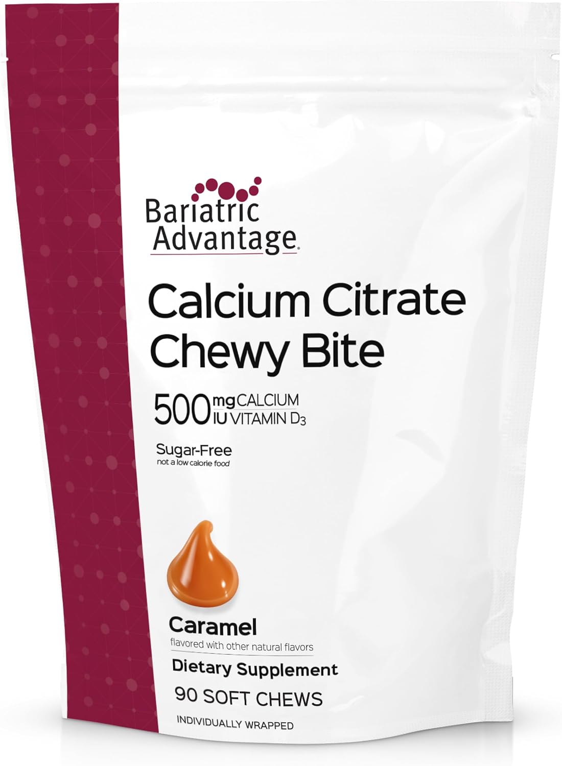 Bariatric Advantage Calcium Citrate Chewy Bites 500 mg - Highly Absorbable & Digestible - Vitamin D3 - Easily Chewable Calcium Supplement - Caramel Flavor - 90 Count
