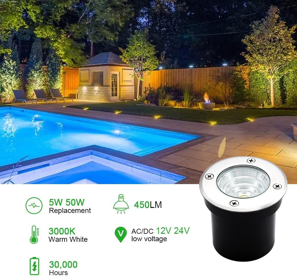 Well Lights Landscape Lighting, Low Voltage Outdoor In Ground Landscape Lights, 5W 12V-24V Waterproof Warm White 3000K Deck Light for Garden, Pathway