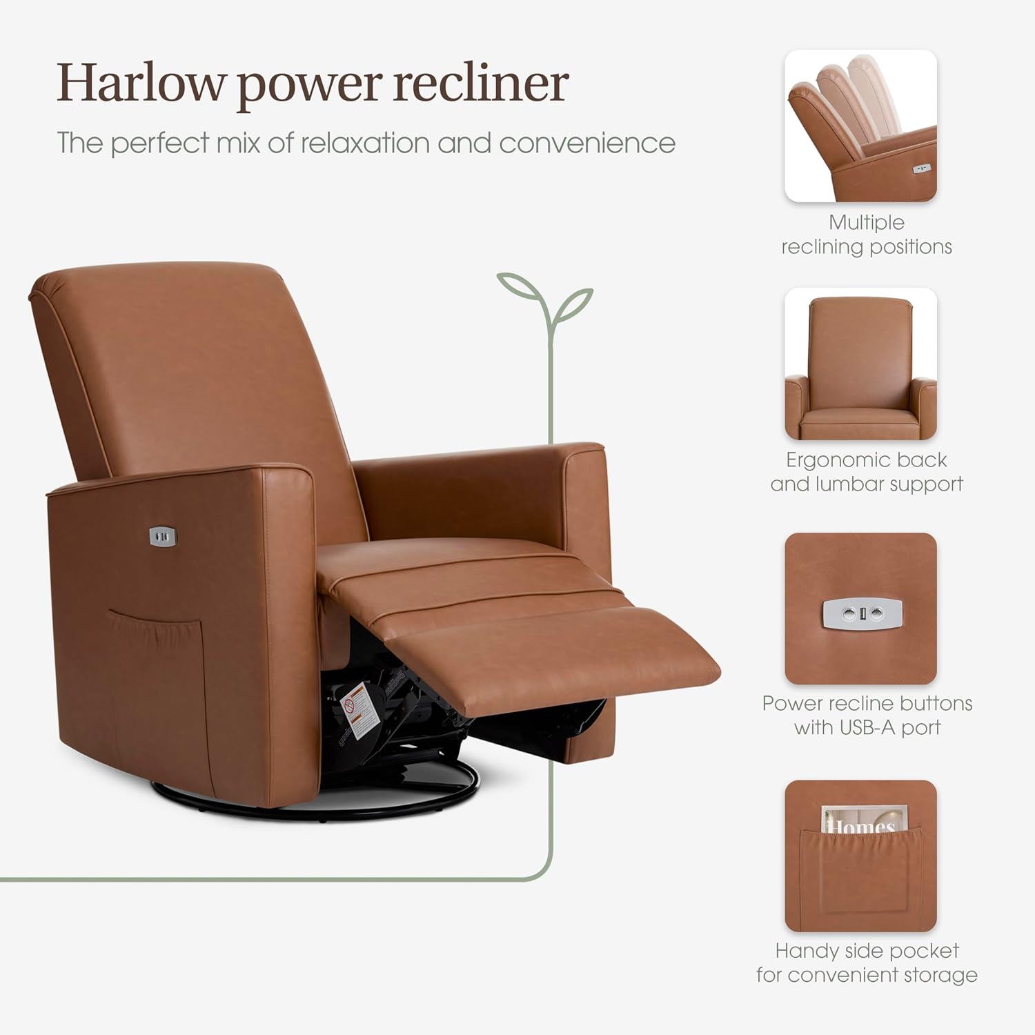 évolur Harlow Upholstered Power Glider Recliner with USB Charging – Rocking & 275° Swivel with Smooth Glide – Greenguard Gold & FSC