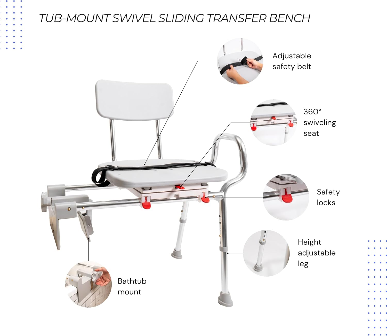 Tub Transfer Bench with Swivel Seat, for Elderly & Disabled, Standard | Eagle Health Supplies Sliding Shower Chair for Inside Shower, FSA/HSA eligible, Height Adjustable, 77662