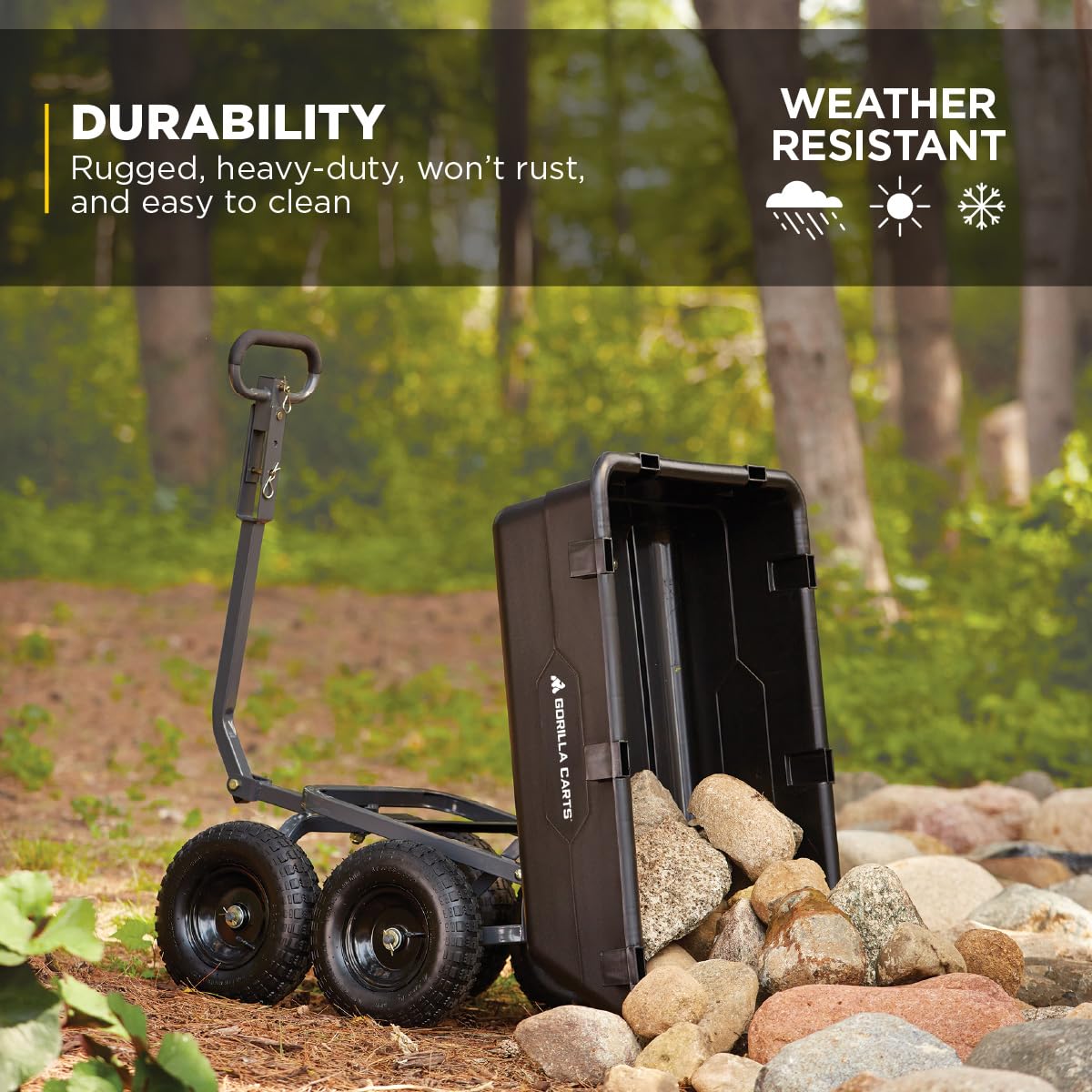 Gorilla Carts Poly Garden Dump Garden Cart with Easy to Assemble Steel Frame, Camping Wagon with Quick Release System, 1200 Pound Capacity, and 13 Inch Tires | 1,200-lb Capacity, 6 Cu Ft Tub Poly Dump Cart with Quick-Release Dump for Bigger Yard Cleanup…