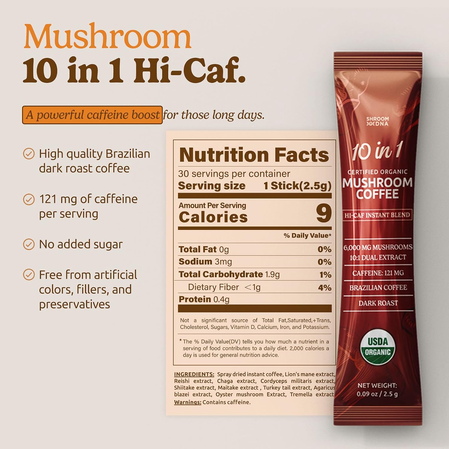 ShroomDNA Mushroom Coffee Blend with Chaga & Lion's Mane | Instant Focus + Clarity All Day | Organic + Vegan + Gluten Free | No Added Sugar | 20 Count