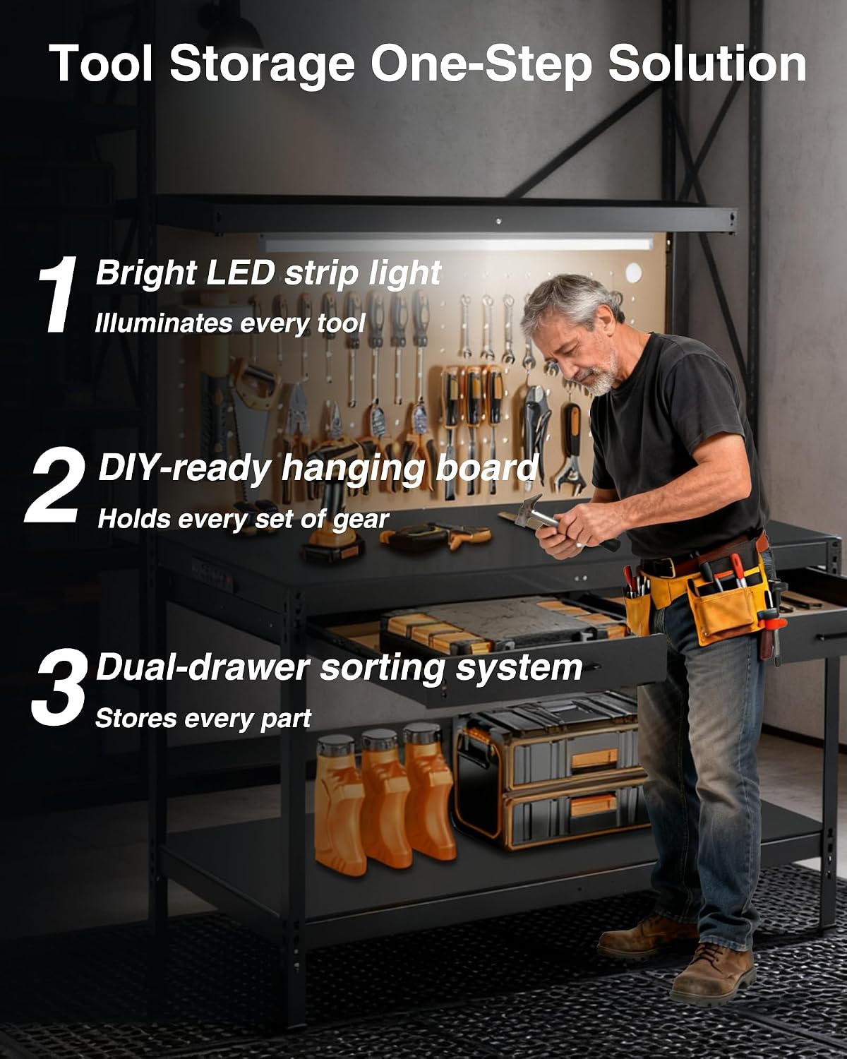 Pterying Work Benches for Garage, 3-Tier, A3 Steel | For Garage, Workshop & Basement, 2 Drawers, 4 AC Outlets, 2 USB Ports, Pegboard, 12 Hooks