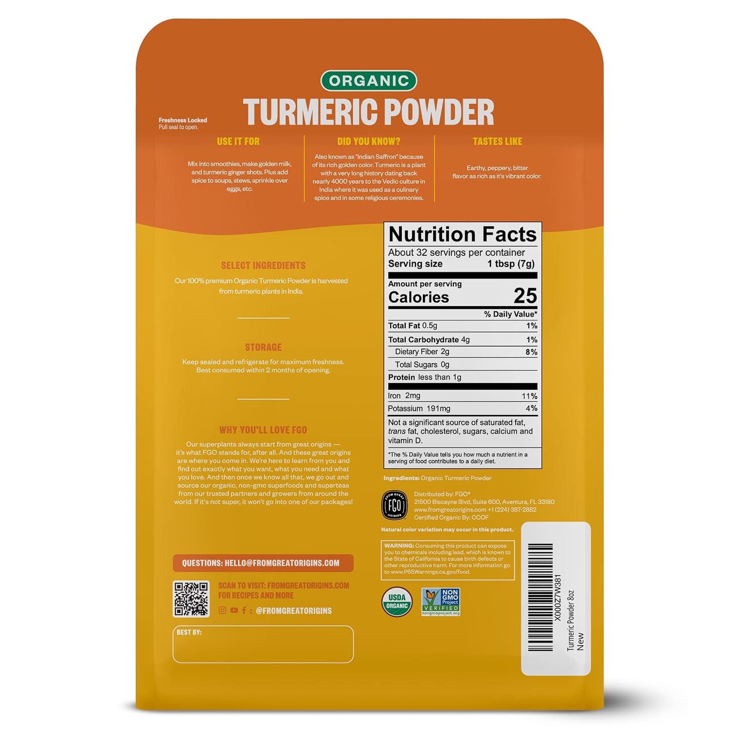 FGO Organic Turmeric Powder w/Curcumin, 8oz Resealable Pouch, USDA Organic and Non-GMO, Sourced from India, Packaging May Vary (Pack of 1)