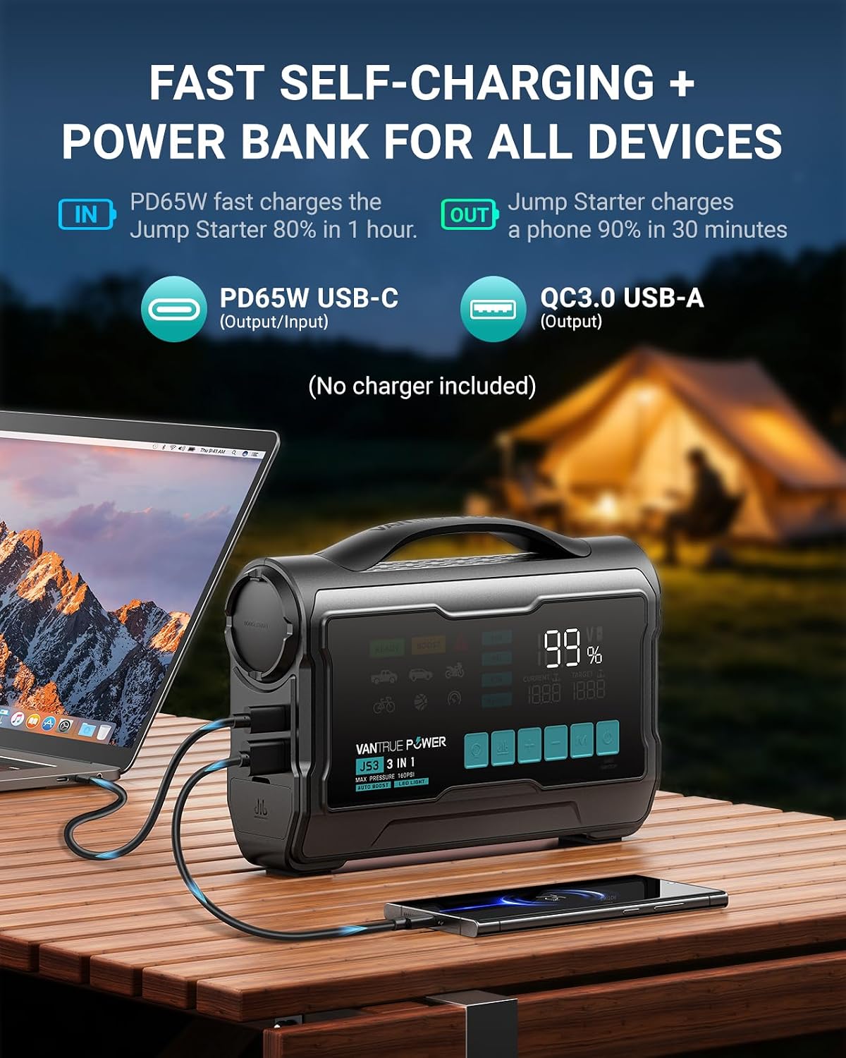 JS3 Real 3250A Jump Starter with Air Compressor 160PSI, 12V Car Battery Booster with Display, Jump Box with Light, Support 65W Fast Charging Power Bank, 10L Gas/8L Diesel Engines