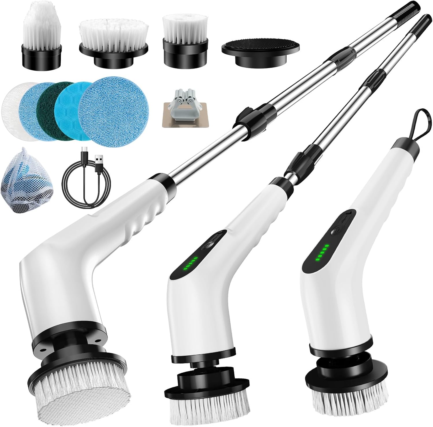 Electric Spin Scrubber, Cordless Cleaning Brush with 8 Replaceable Brush Heads, Shower Scrubber with Adjustable Extension Handle
