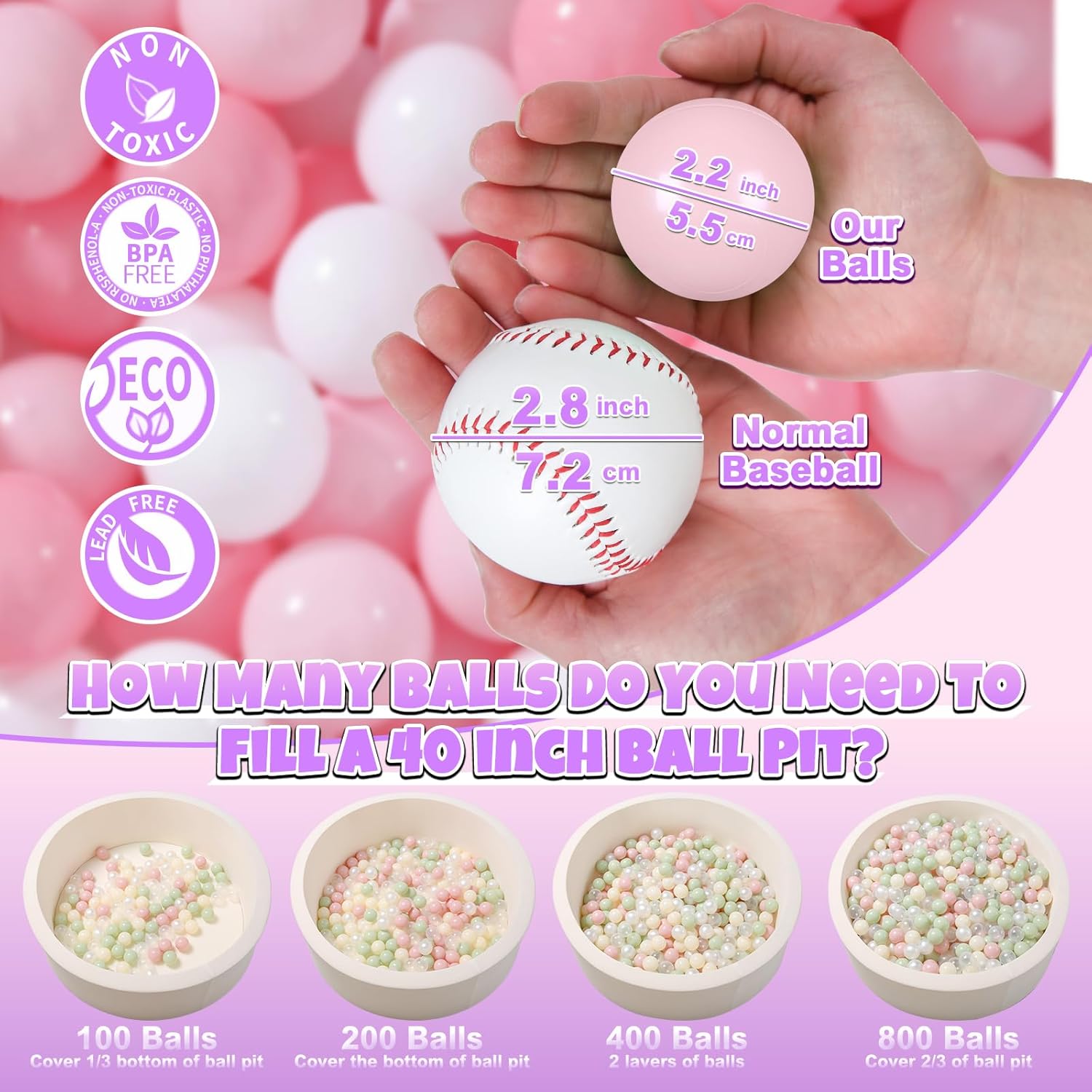 GOGOSO Ball Pit Balls 100 PCS for Toddles, Kids Plastic Balls for Ball Pit, Pool, Pink Party Accessories, Birthday Decoration