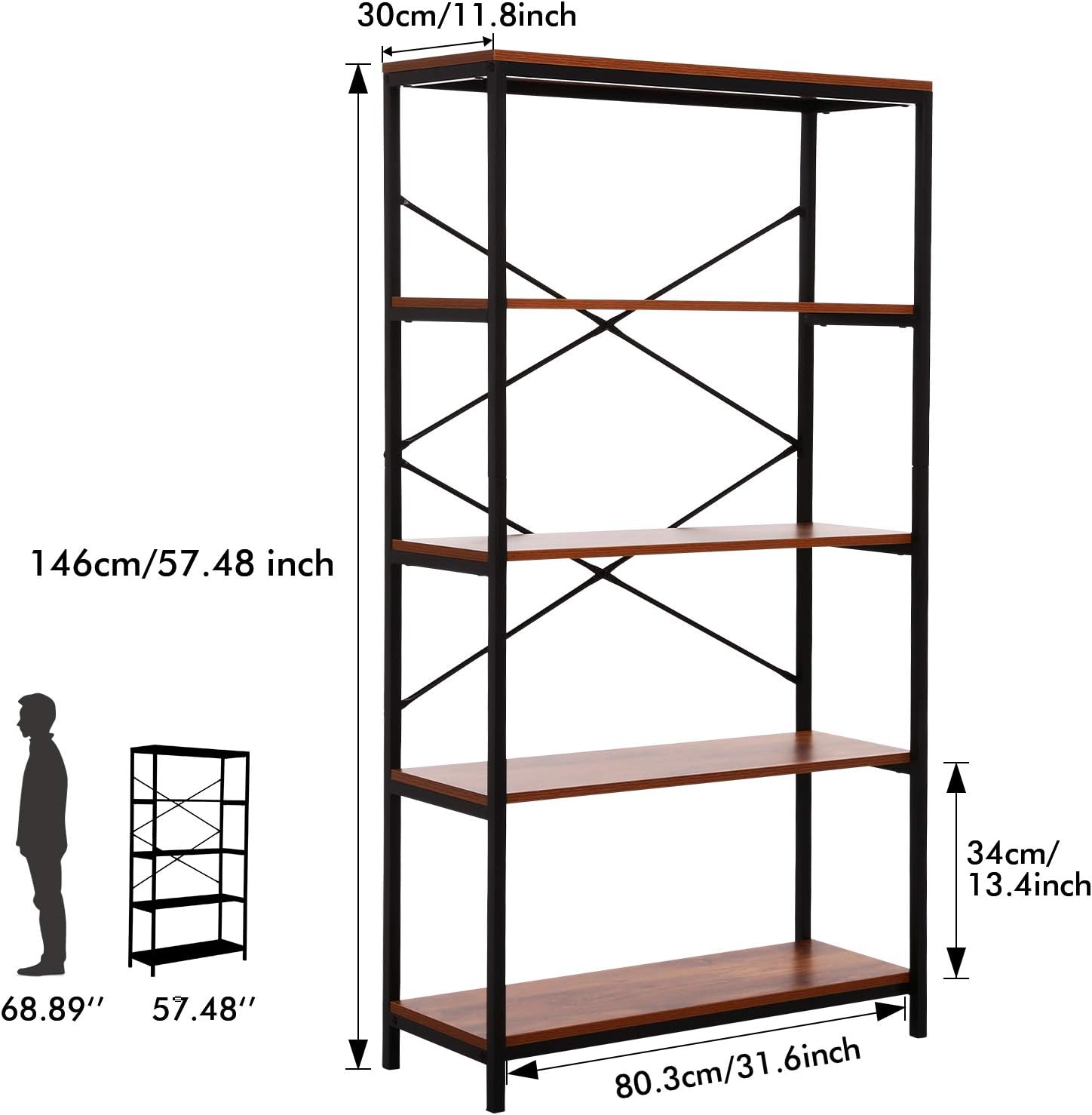 BATHWA Wood and Metal Minimalist 5 Tier Bookshelf, 6 feet Tall Open Rustic Wide Bookcase Industrial Style