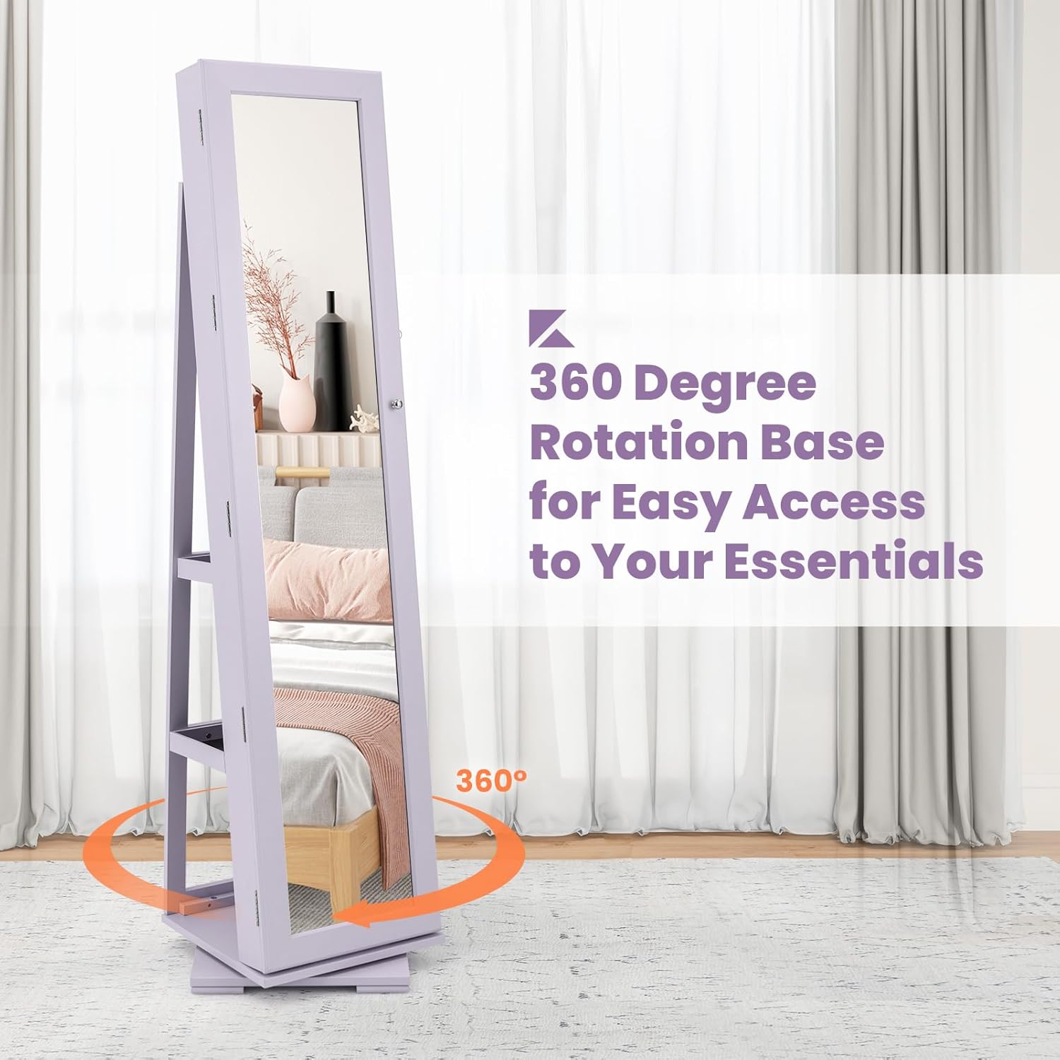 CHARMAID 360° Swivel Jewelry Armoire with Higher Full Length Mirror, Standing Lockable Jewelry Cabinet Organizer with Large Storage Capacity