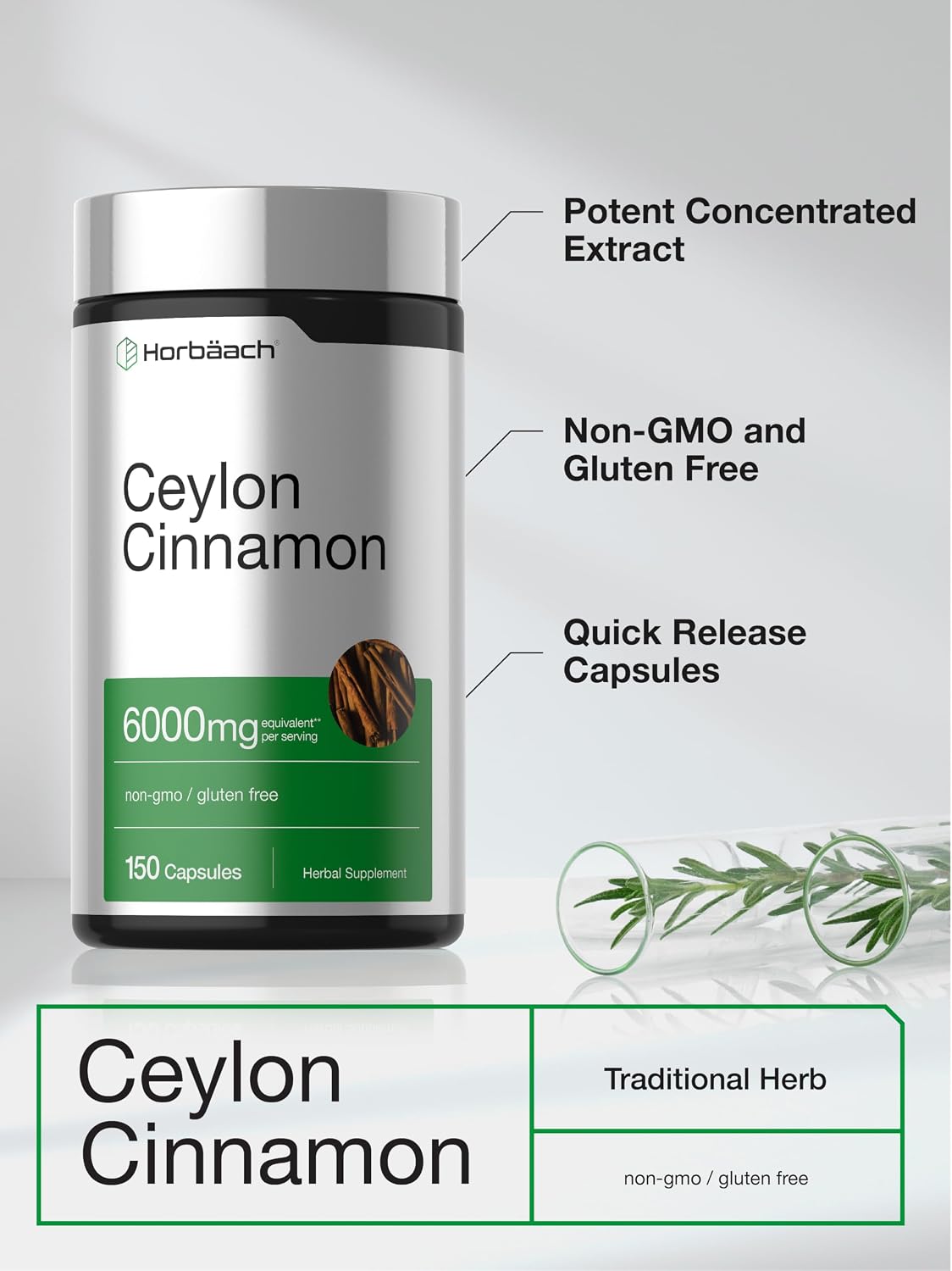 Horbäach Ceylon Cinnamon Supplement | 150 Capsules | Herbal Extract Pills | Non-GMO & Gluten Free