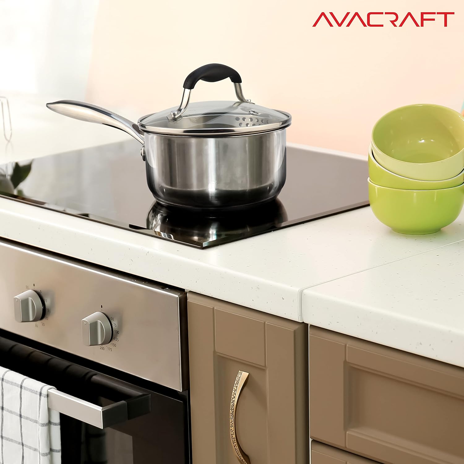 AVACRAFT 2.5 Quart Stainless Steel Saucepan with Glass Strainer Lid | 18/10 Stainless Steel, 5-Ply Capsule Base, Dual Pour Spouts, Induction Compatible, Ergonomic Handle, Dishwasher Safe