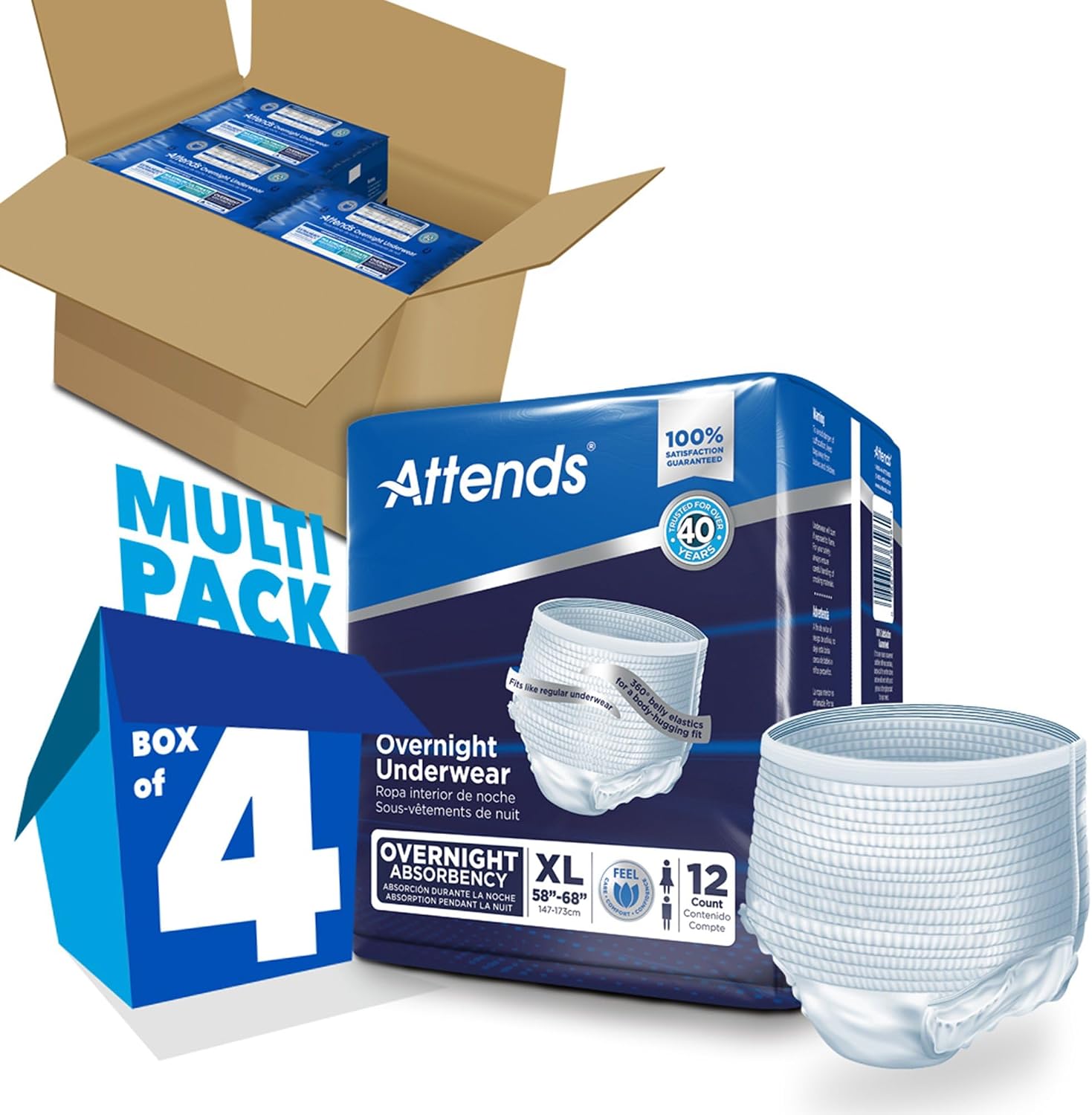Attends Overnight Underwear for Adult Incontinence Care with ConfidenceCuff™ Protection, Overnight Absorbency, Unisex, X-Large, 12 Count (x4) | Unisex