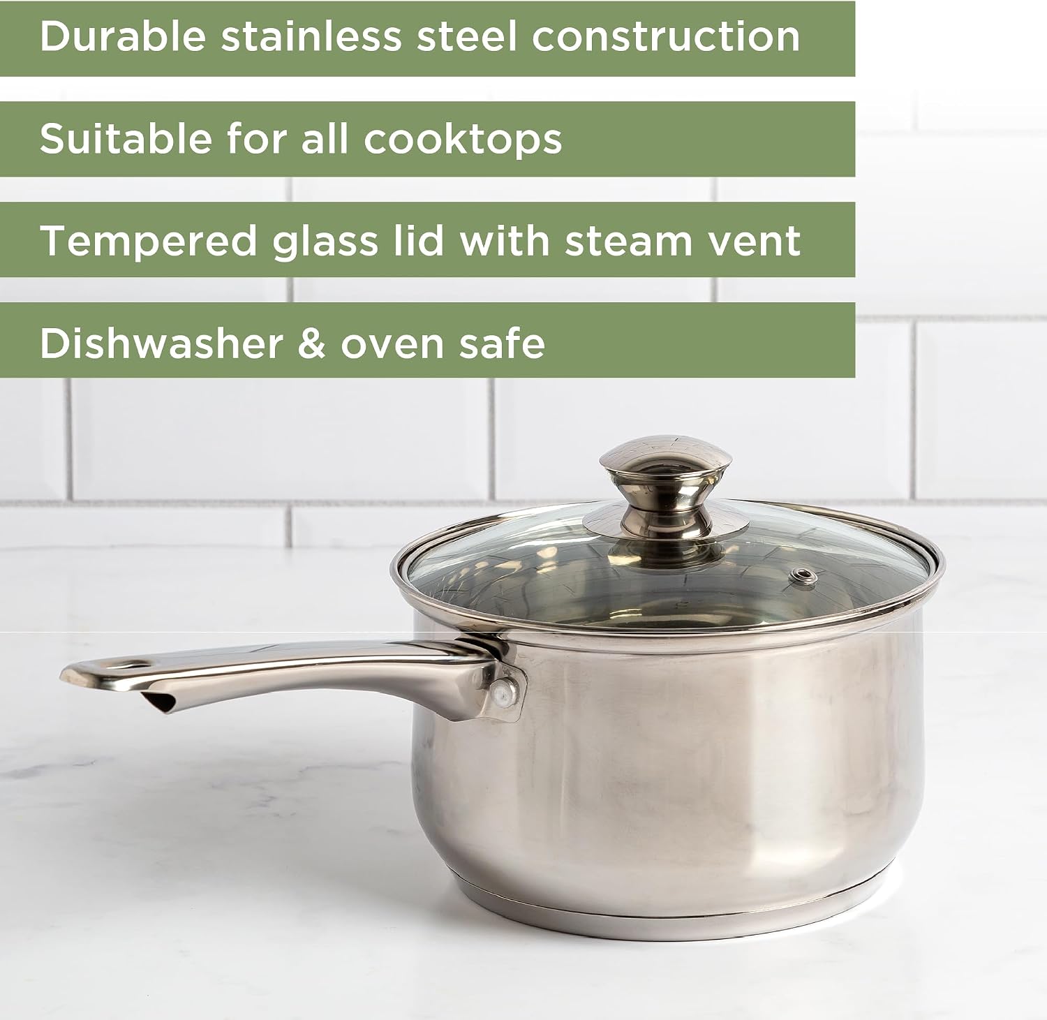 Ecolution Stainless Steel Sauce Pan, Encapsulated Induction Ready Cooking Pot with Glass Lid, Oven Safe, Dishwasher Safe Soup Pot, 2-Quart