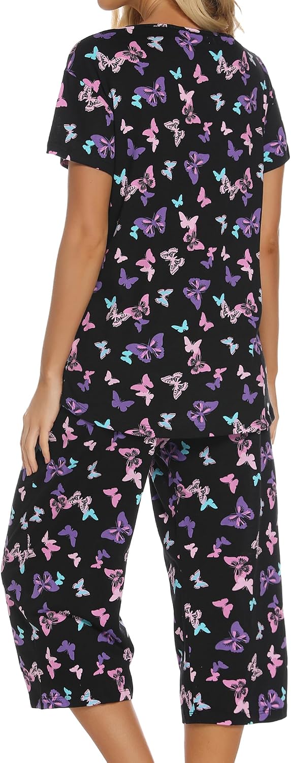 ENJOYNIGHT Womens Pajama Set Cotton Summer Pj Top with Capri Pant Sleepwear