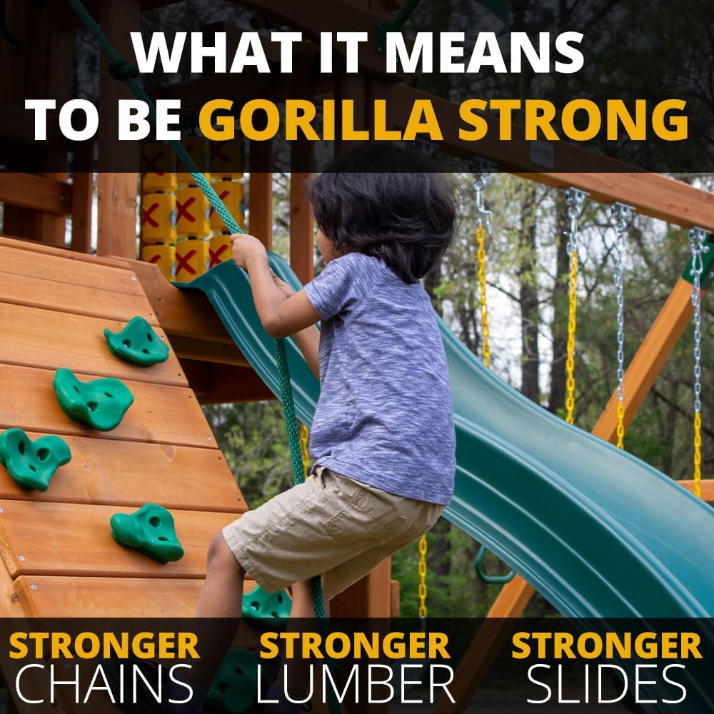 Gorilla Playsets 01-1089 Avalon Treehouse Swing Set with Oversized Green Vinyl Canopy Roof, Twister Tube Slide, Climbing Wall, Ladder