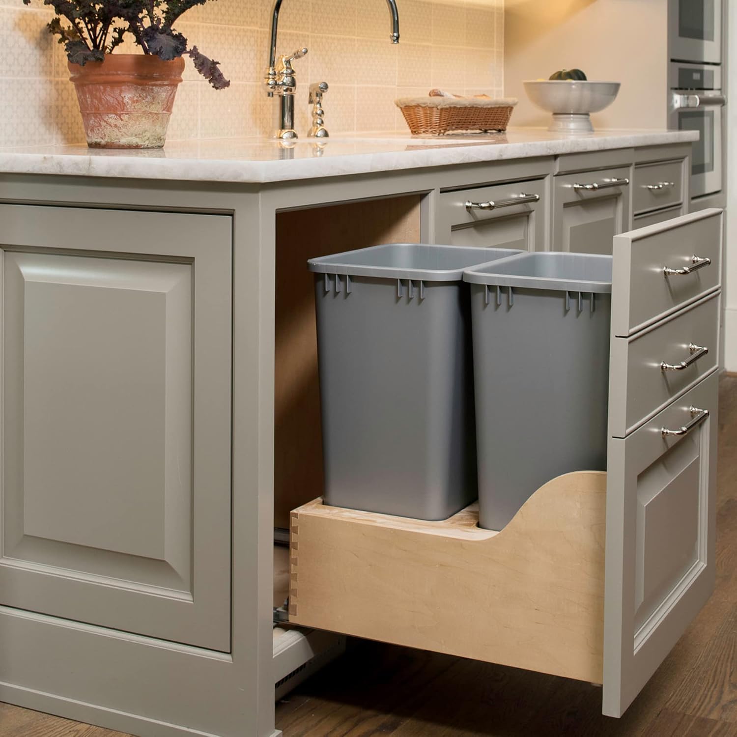 Rev-A-Shelf Double Pullout Trash Can, Min Cabinet Opening 18" W, 50 Qt | w/ Soft-Close, Under Cabinet Waste/Recycling Bin w/ Lid, Silver, 4WCSC-2150DM-2