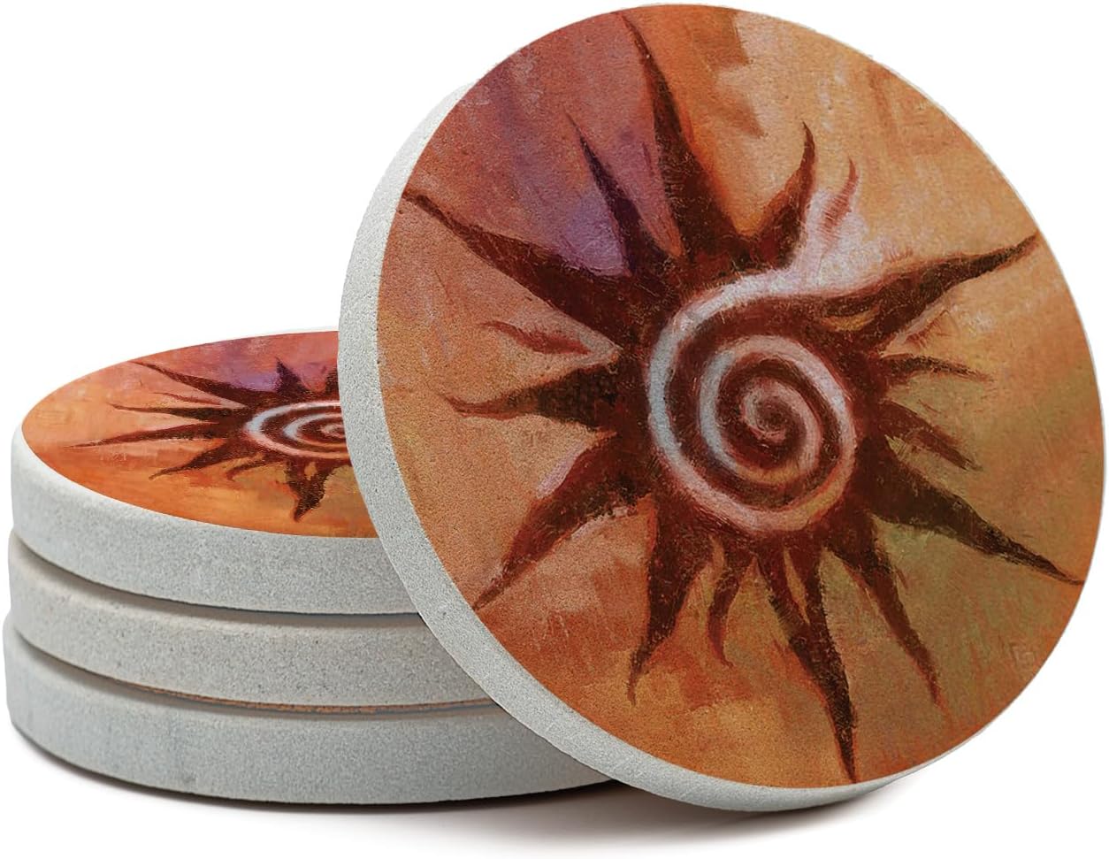 Thirstystone Spiral Sun Natural Sandstone Coaster 4 Pack Eco-Friendly, Absorbent, Easily Wipes Clean | 4” Diameter, Manufactured in the USA