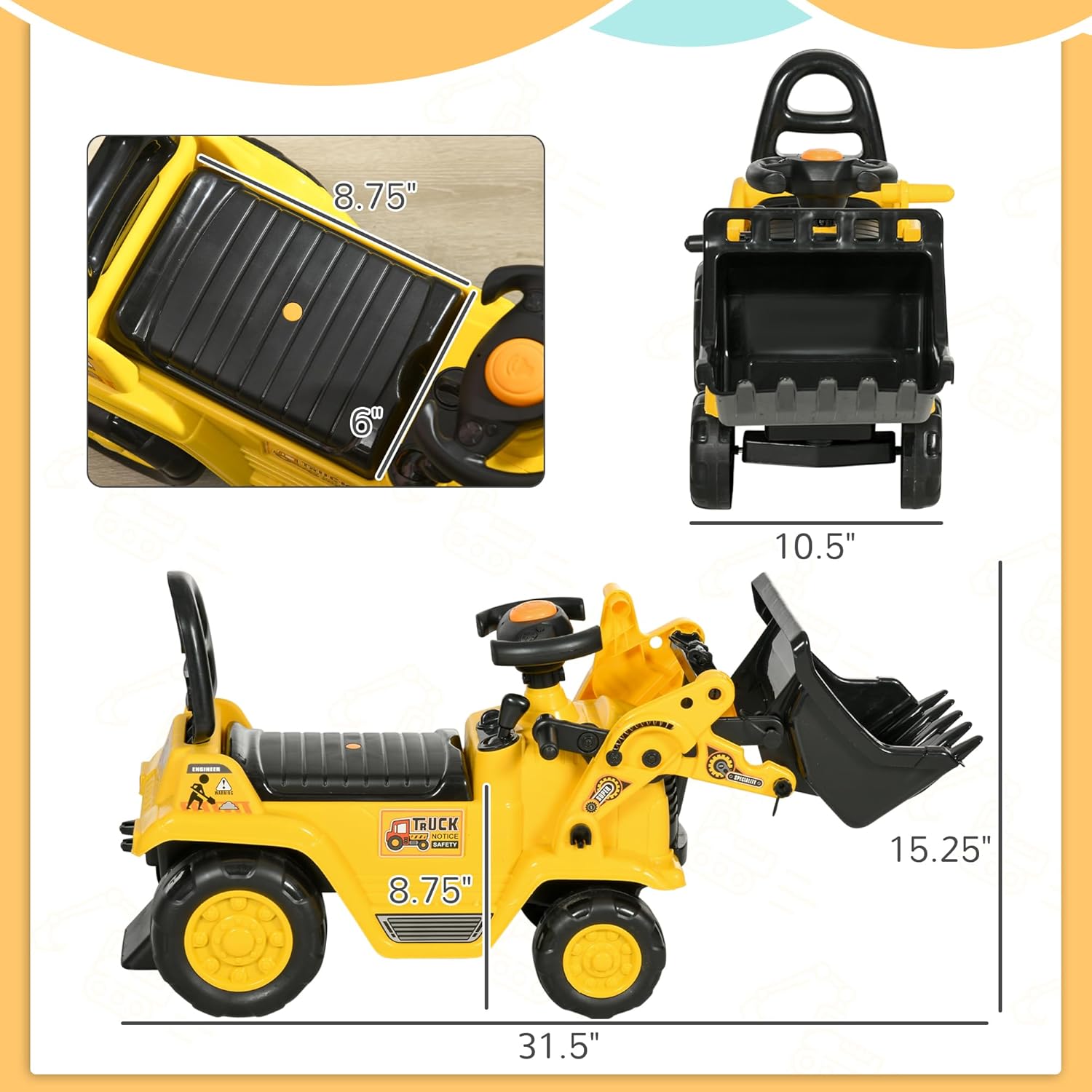 HOMCOM Ride On Excavator Ride On Bulldozer with Horn, Under Seat Storage